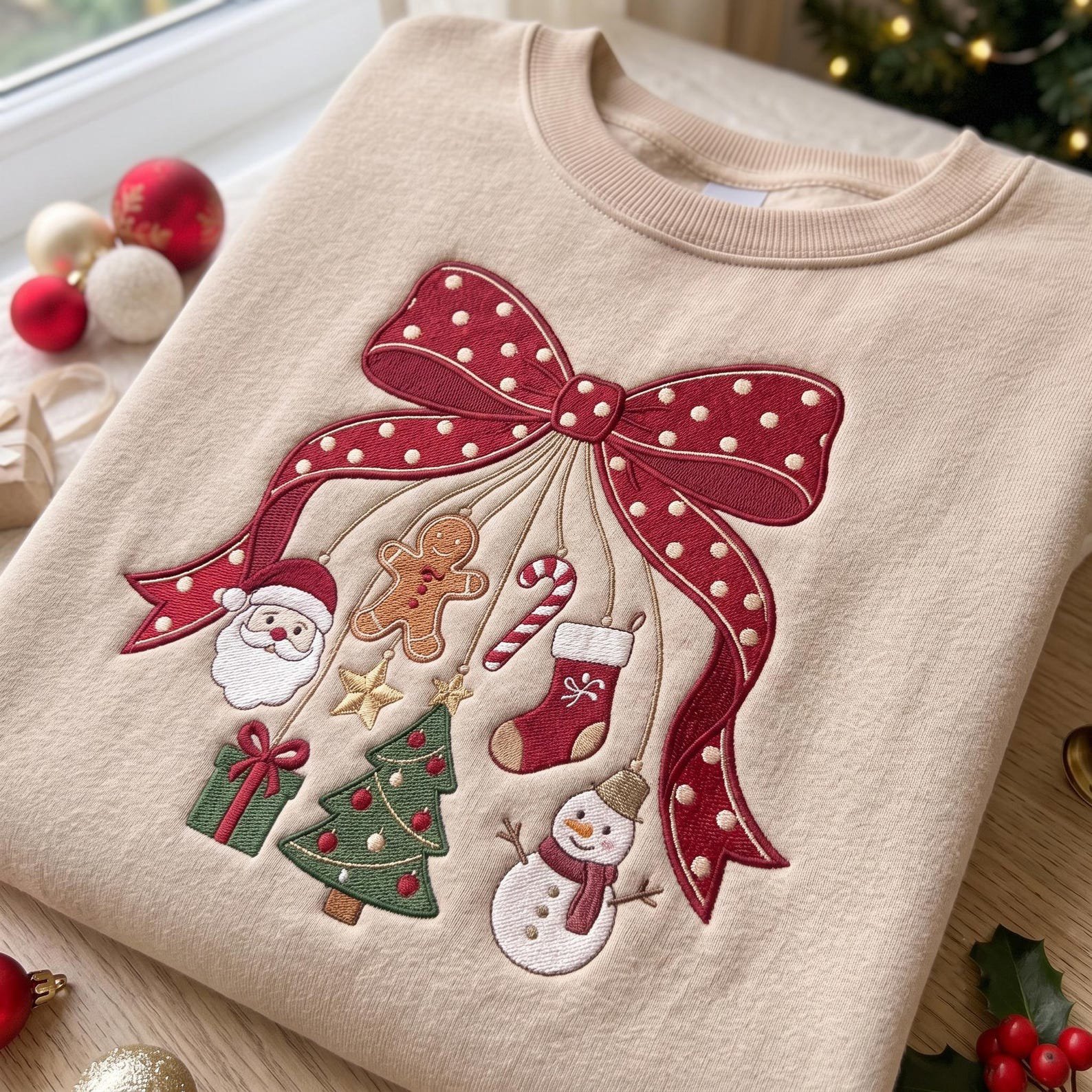 Christmas Bow Sweatshirt, Embroidered Holiday Ornament Shirt, Santa Gingerbread Snowman Tree Sweater, Coquette Christmas Gift 4