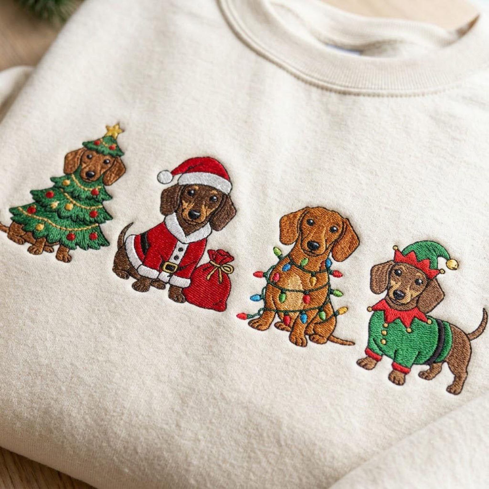 Dachshund Christmas Sweatshirt, Embroidered Holiday Wiener Dog Shirt, Santa Elf Christmas Dog Sweater, Dachshund Lover Gift 2