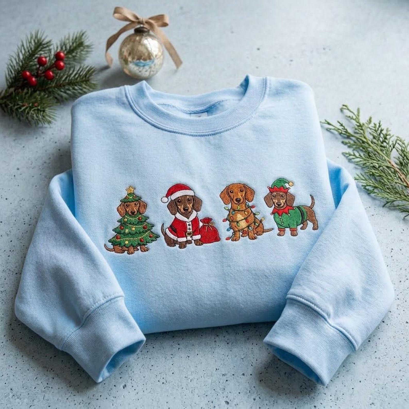 Dachshund Christmas Sweatshirt, Embroidered Holiday Wiener Dog Shirt, Santa Elf Christmas Dog Sweater, Dachshund Lover Gift 3