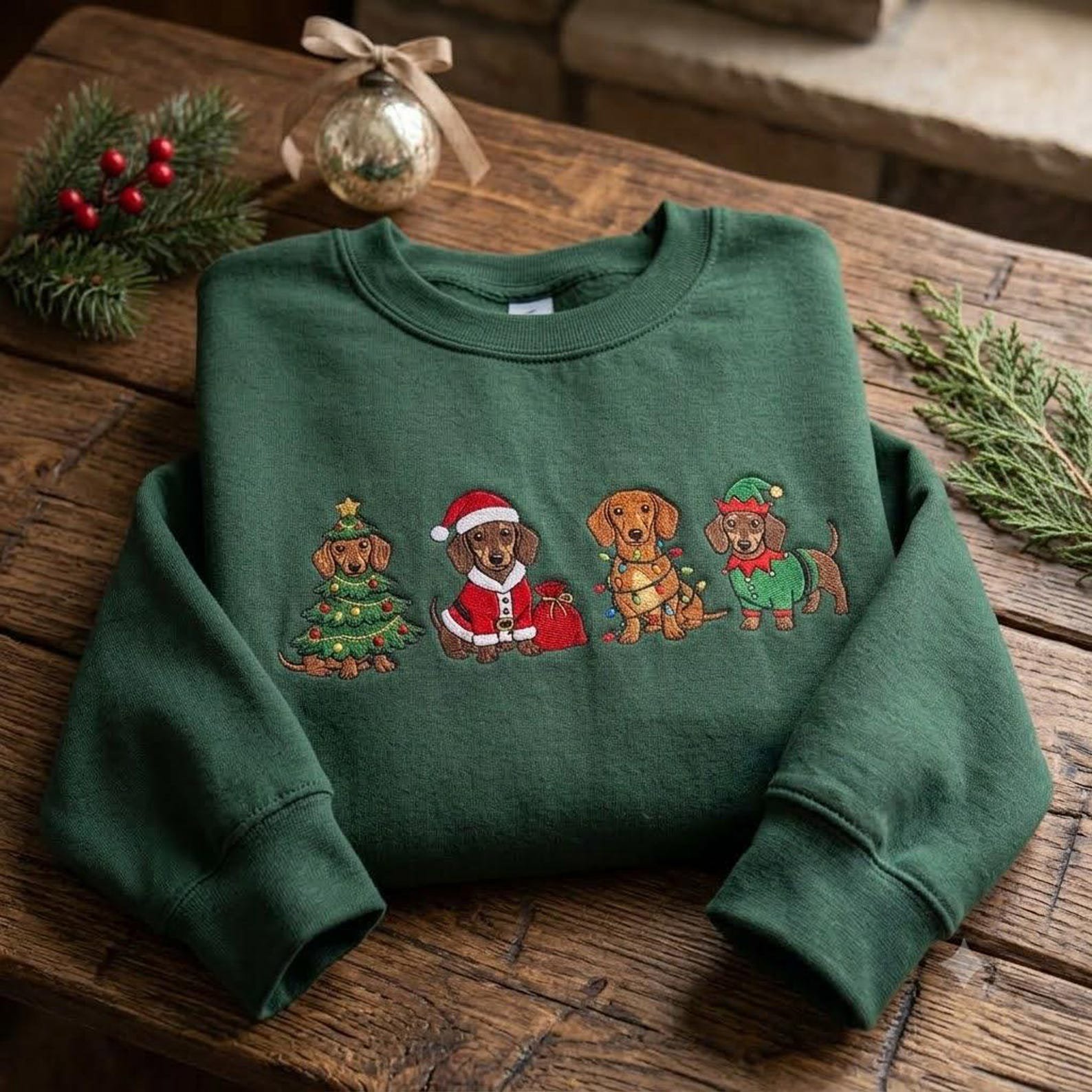 Dachshund Christmas Sweatshirt, Embroidered Holiday Wiener Dog Shirt, Santa Elf Christmas Dog Sweater, Dachshund Lover Gift 1