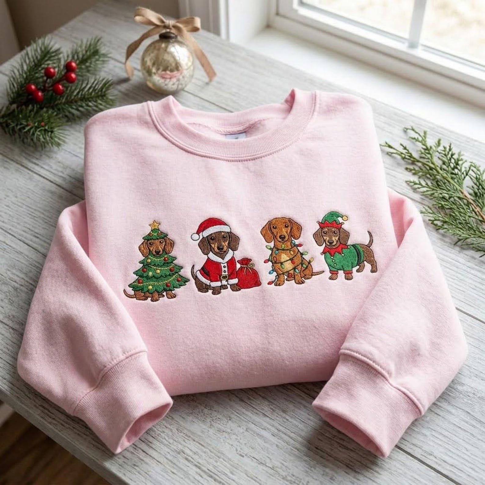 Dachshund Christmas Sweatshirt, Embroidered Holiday Wiener Dog Shirt, Santa Elf Christmas Dog Sweater, Dachshund Lover Gift 4
