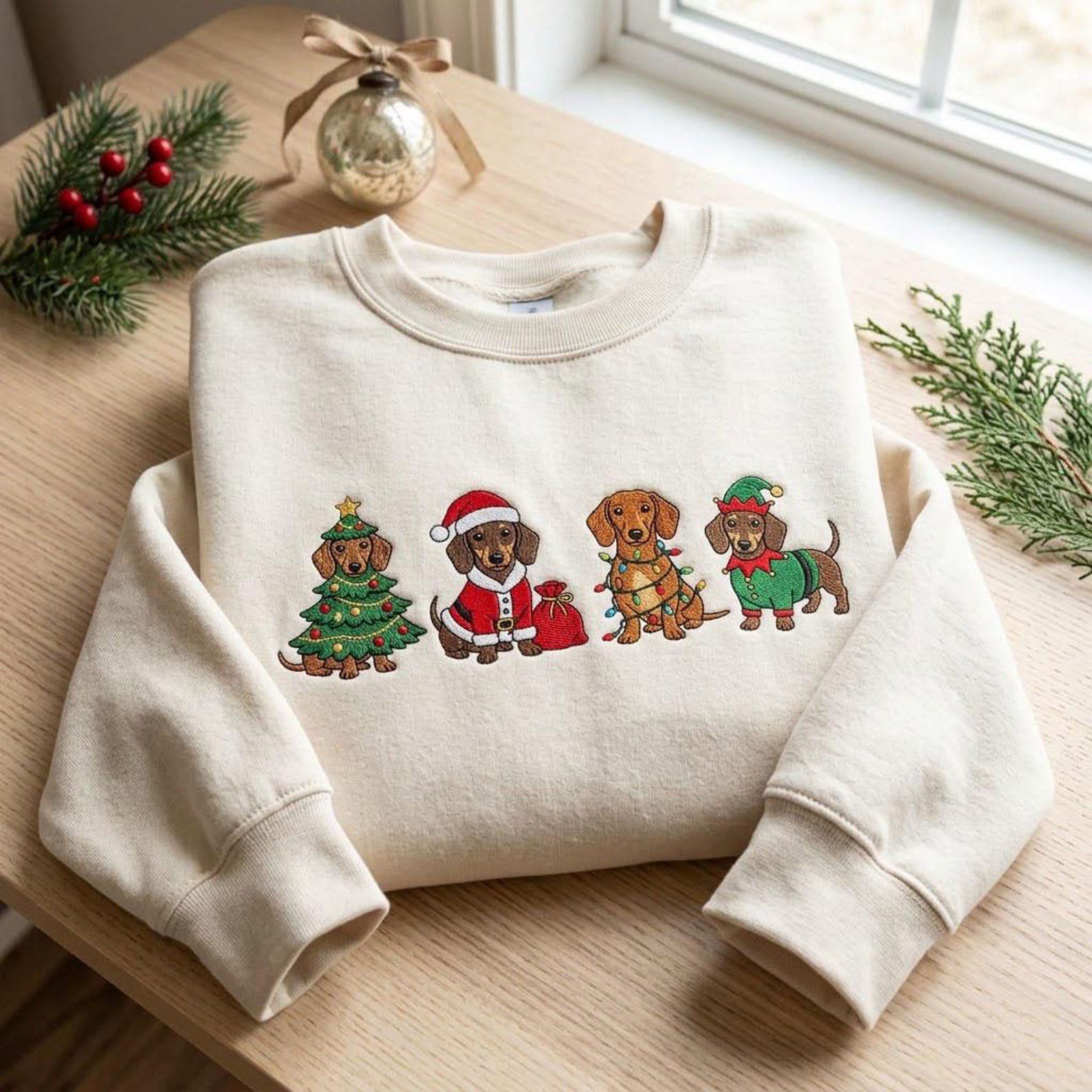 Dachshund Christmas Sweatshirt, Embroidered Holiday Wiener Dog Shirt, Santa Elf Christmas Dog Sweater, Dachshund Lover Gift 5