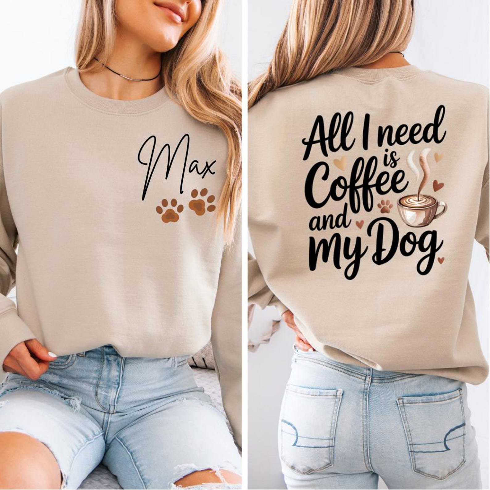 Personalized Dog Mom Who Loves Coffee Hoodies and Sweatshirt | Custom Pet Name Sleeve Detail | Cozy Dog Lover Gift for Her 1