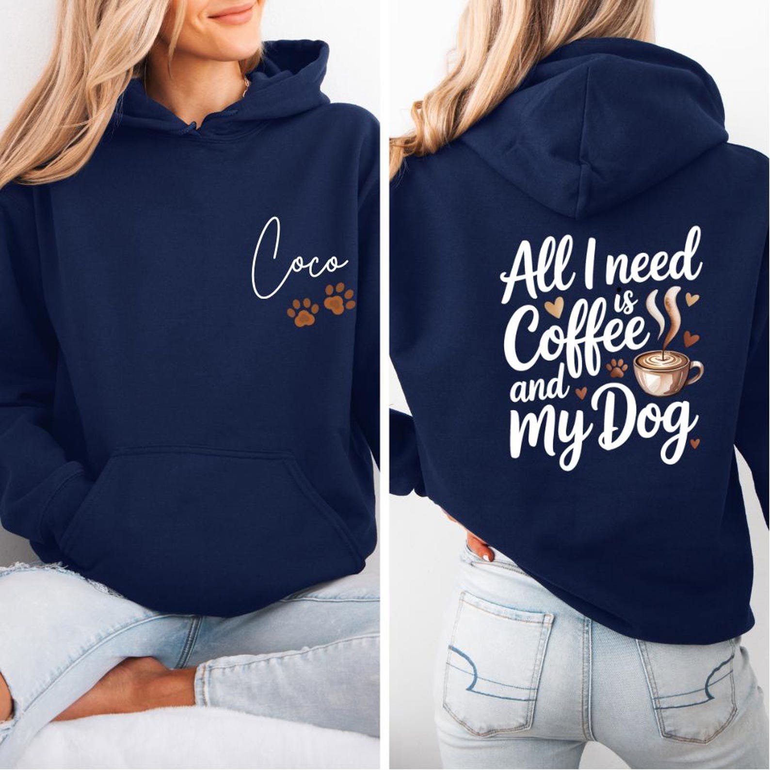 Personalized Dog Mom Who Loves Coffee Hoodies and Sweatshirt | Custom Pet Name Sleeve Detail | Cozy Dog Lover Gift for Her 2