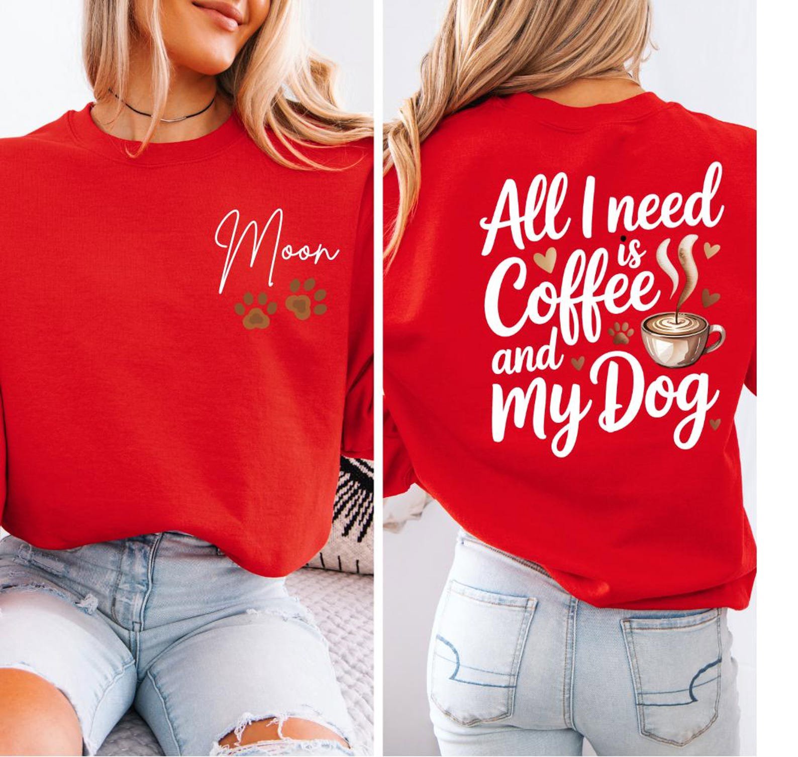 Personalized Dog Mom Who Loves Coffee Hoodies and Sweatshirt | Custom Pet Name Sleeve Detail | Cozy Dog Lover Gift for Her 4