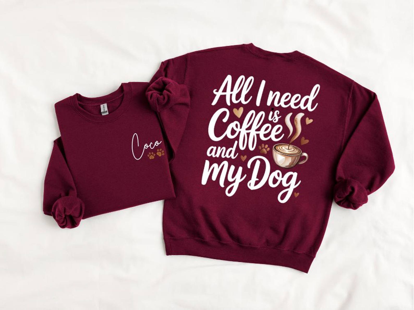 Personalized Dog Mom Who Loves Coffee Hoodies and Sweatshirt | Custom Pet Name Sleeve Detail | Cozy Dog Lover Gift for Her 8