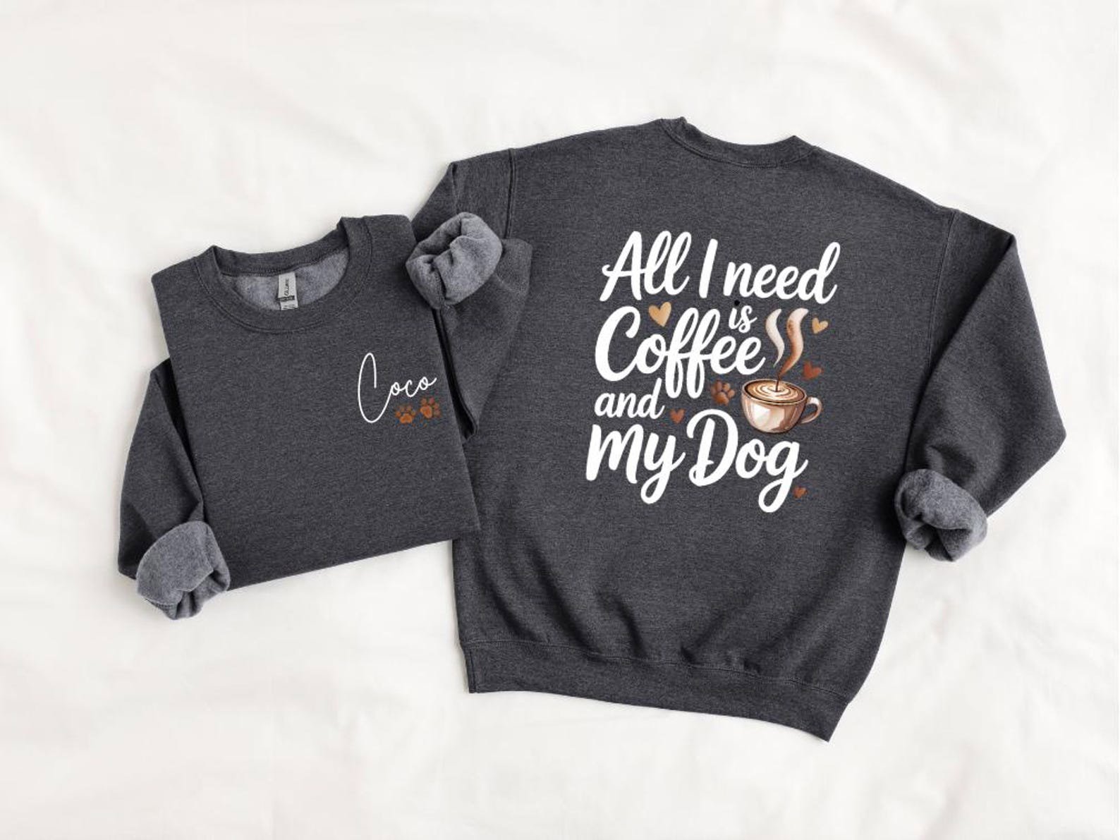 Personalized Dog Mom Who Loves Coffee Hoodies and Sweatshirt | Custom Pet Name Sleeve Detail | Cozy Dog Lover Gift for Her 11