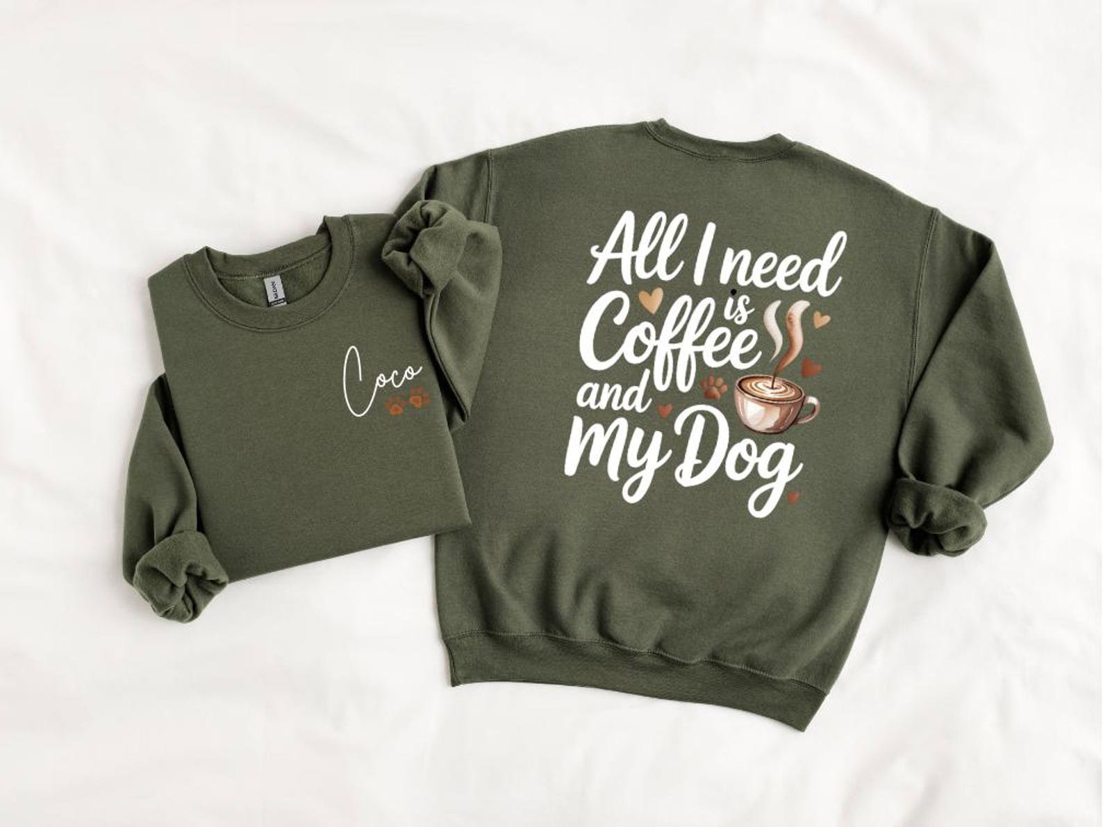 Personalized Dog Mom Who Loves Coffee Hoodies and Sweatshirt | Custom Pet Name Sleeve Detail | Cozy Dog Lover Gift for Her 12