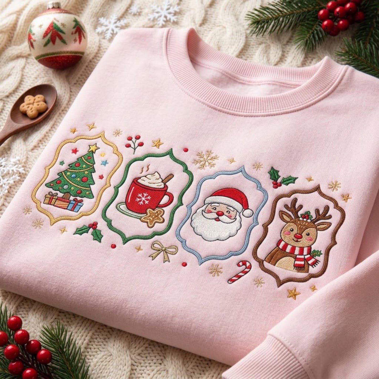 Christmas Embroidered Sweatshirt, Santa Reindeer Christmas Tree Hot Cocoa Crewneck, Vintage Holiday Ornament Frame Pullover Gift 3