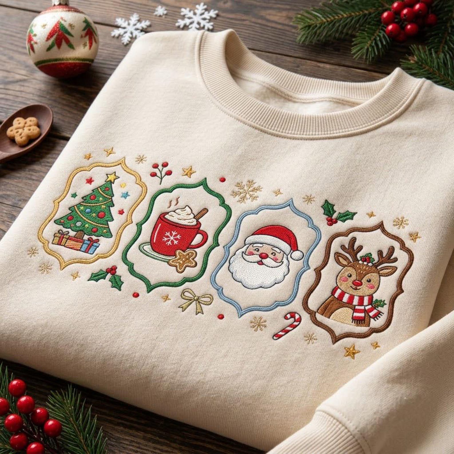 Christmas Embroidered Sweatshirt, Santa Reindeer Christmas Tree Hot Cocoa Crewneck, Vintage Holiday Ornament Frame Pullover Gift 4