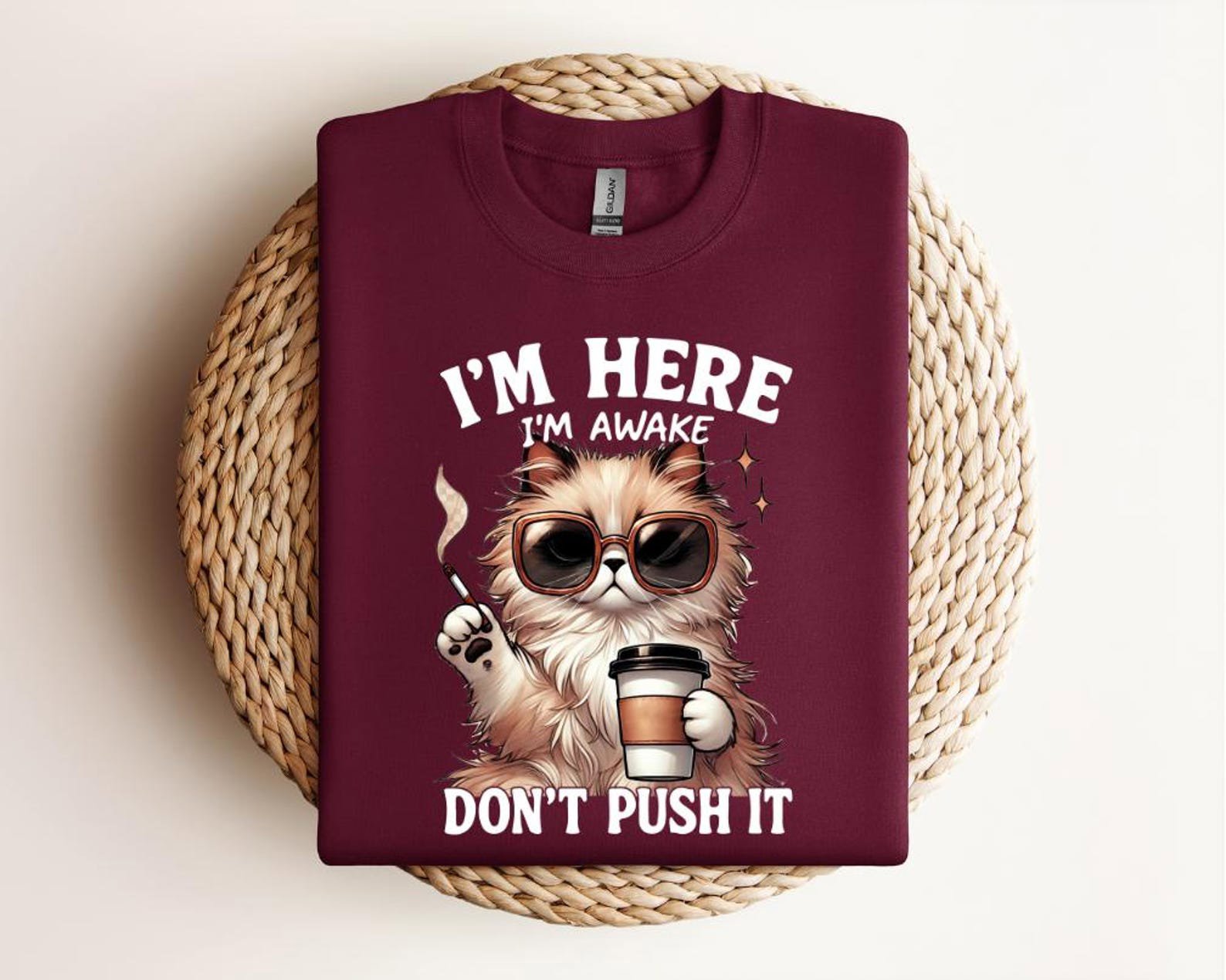 I'm here I'm awake Don't push it shirt, Sarcastic Cute and Grumpy Tee for Sleepyheads, Morning Humor Tee, Gift for Cat Moms Who Need Coffee 8