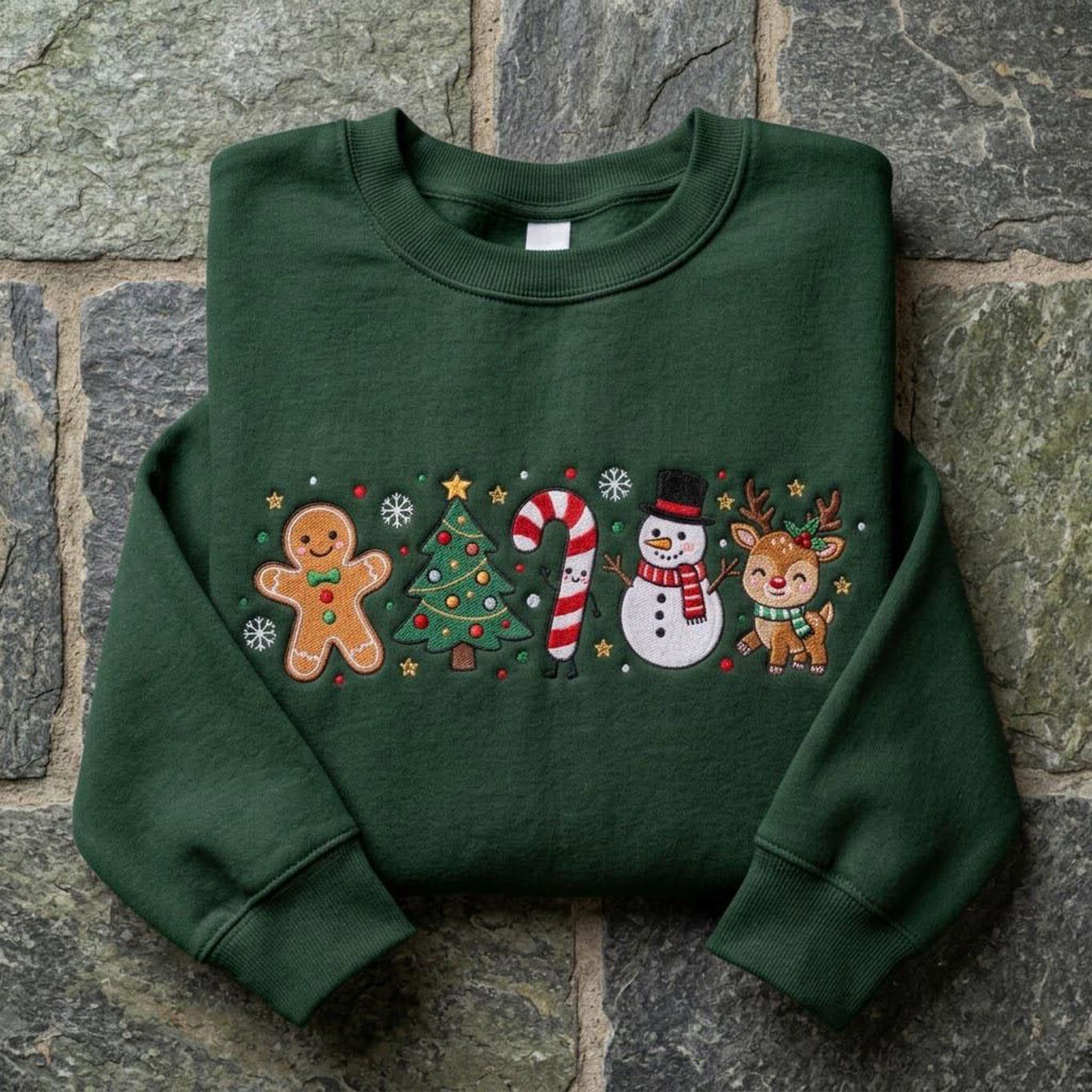 Christmas Icons Sweatshirt, Embroidered Gingerbread Snowman Reindeer Shirt, Cute Holiday Christmas Tree Sweater 3