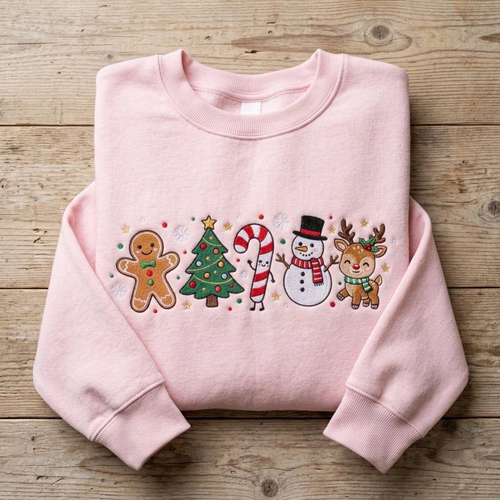 Christmas Icons Sweatshirt, Embroidered Gingerbread Snowman Reindeer Shirt, Cute Holiday Christmas Tree Sweater 4