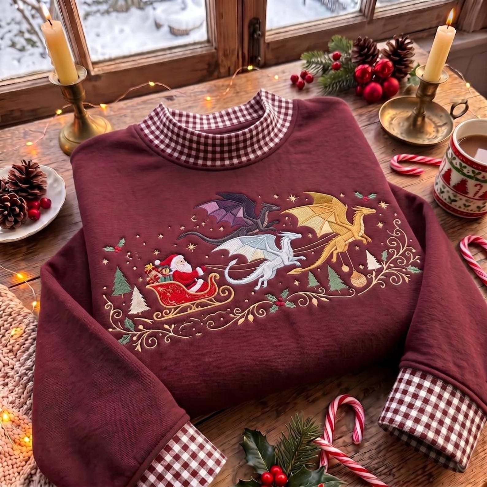 Christmas Dragon Mock Neck Sweatshirt, Embroidered Santa Sleigh Fantasy Sweater, Gingham Holiday Shirt, Dragon Christmas Gift 3
