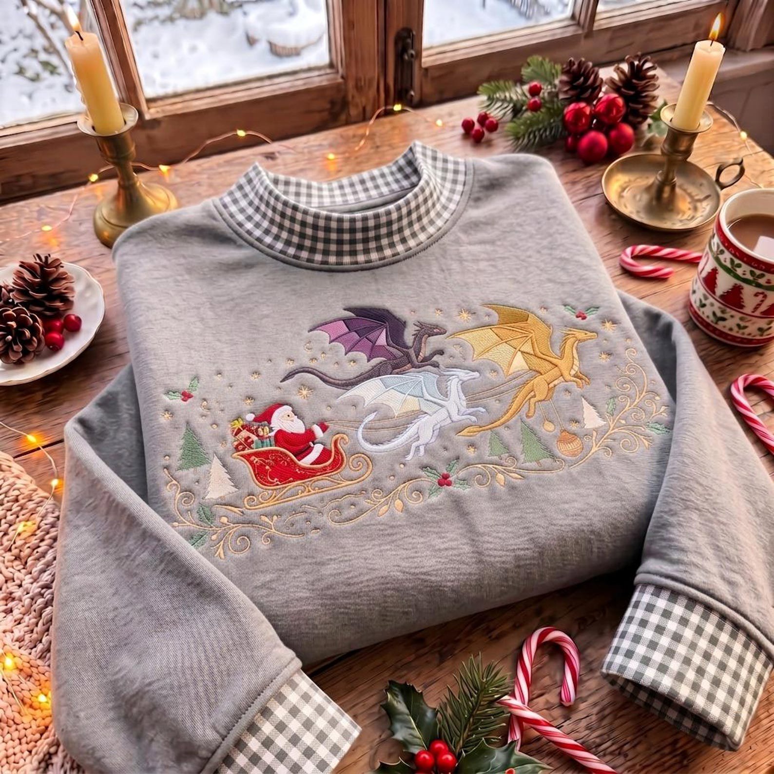 Christmas Dragon Mock Neck Sweatshirt, Embroidered Santa Sleigh Fantasy Sweater, Gingham Holiday Shirt, Dragon Christmas Gift 5