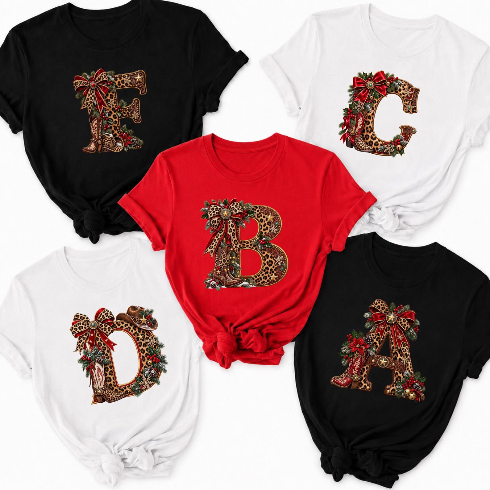 Western Christmas Monogram Shirt, Leopard Cowboy Boot Initial Sweatshirt, Matching Country Xmas Top 3