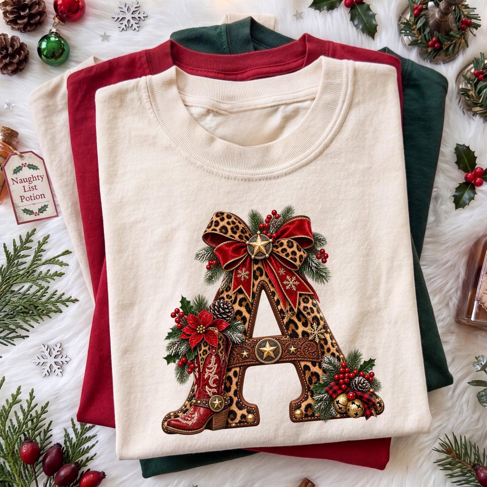 Western Christmas Monogram Shirt, Leopard Cowboy Boot Initial Sweatshirt, Matching Country Xmas Top 1
