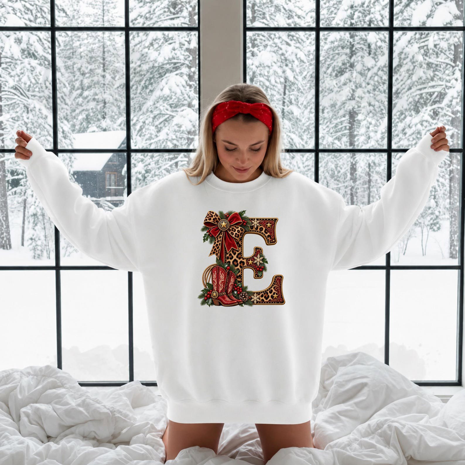 Western Christmas Monogram Shirt, Leopard Cowboy Boot Initial Sweatshirt, Matching Country Xmas Top 5