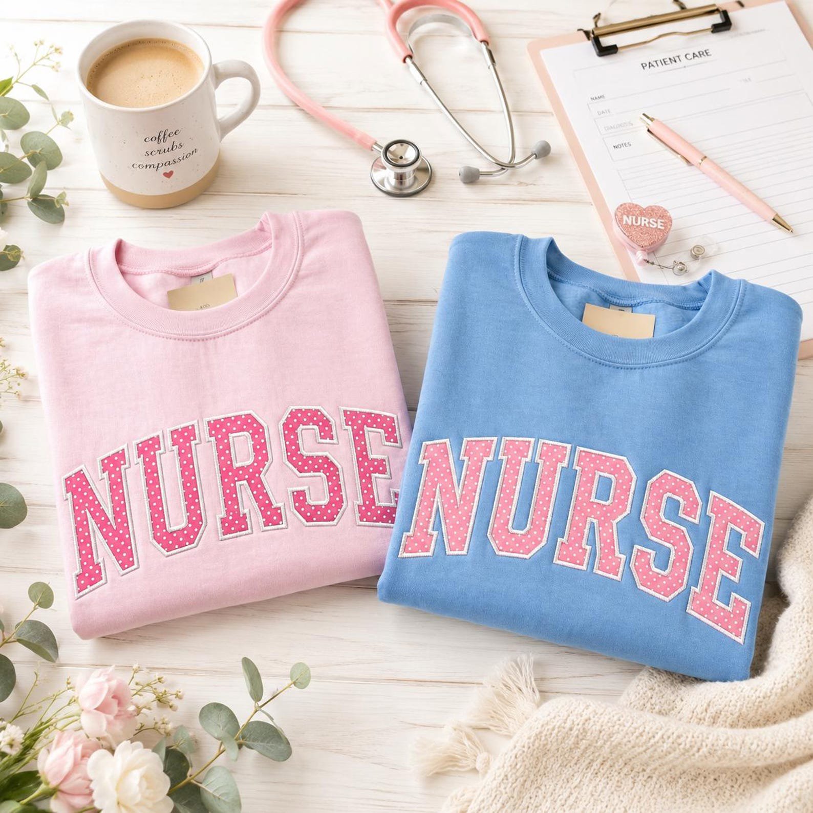 Nurse Varsity Embroidered Applique Sweatshirt, Pink Polka Dot Applique, Varsity Nurse Shirt, Nurse Appreciation Gift, RN Nursing Student Top 1