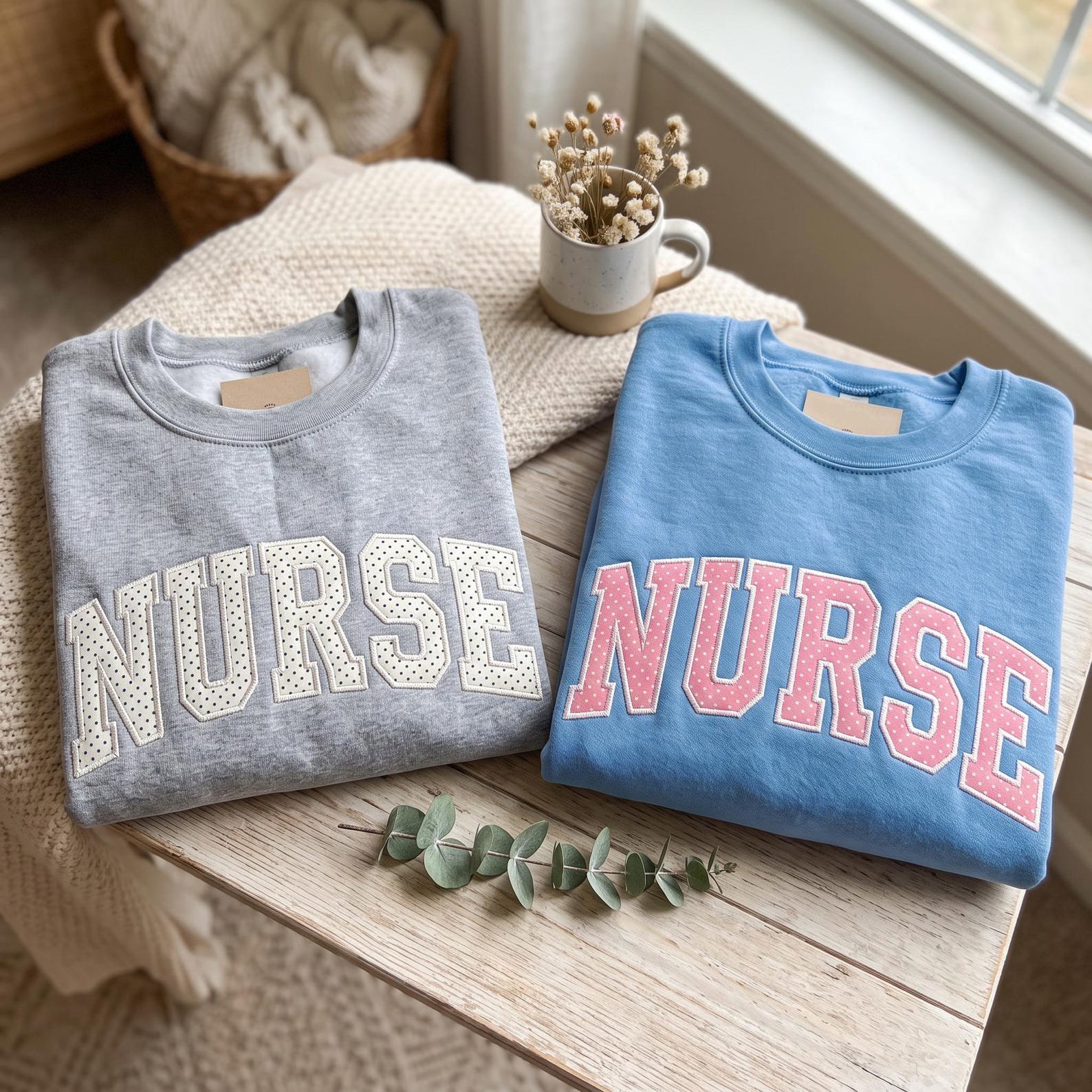 Nurse Varsity Embroidered Applique Sweatshirt, Pink Polka Dot Applique, Varsity Nurse Shirt, Nurse Appreciation Gift, RN Nursing Student Top 3