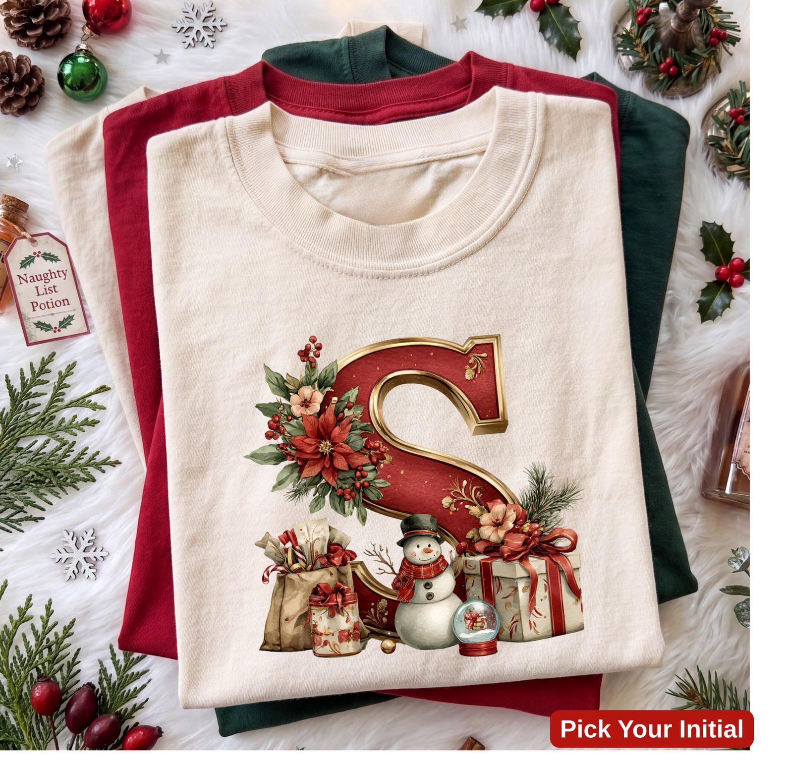 Vintage Christmas Monogram Sweatshirt, Traditional Botanical Initial Shirt, Cozy Xmas Gift Top 1