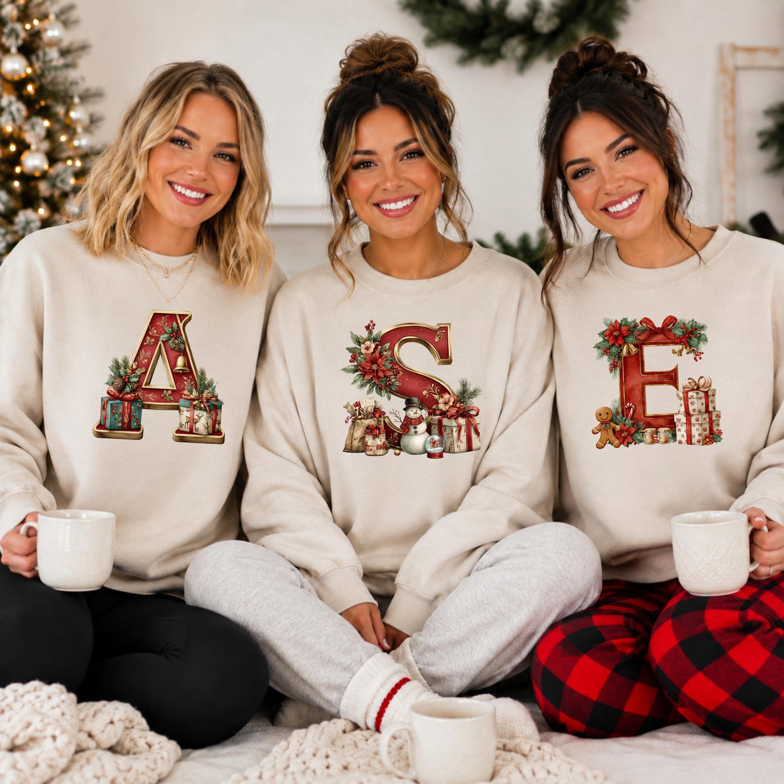 Vintage Christmas Monogram Sweatshirt, Traditional Botanical Initial Shirt, Cozy Xmas Gift Top 2