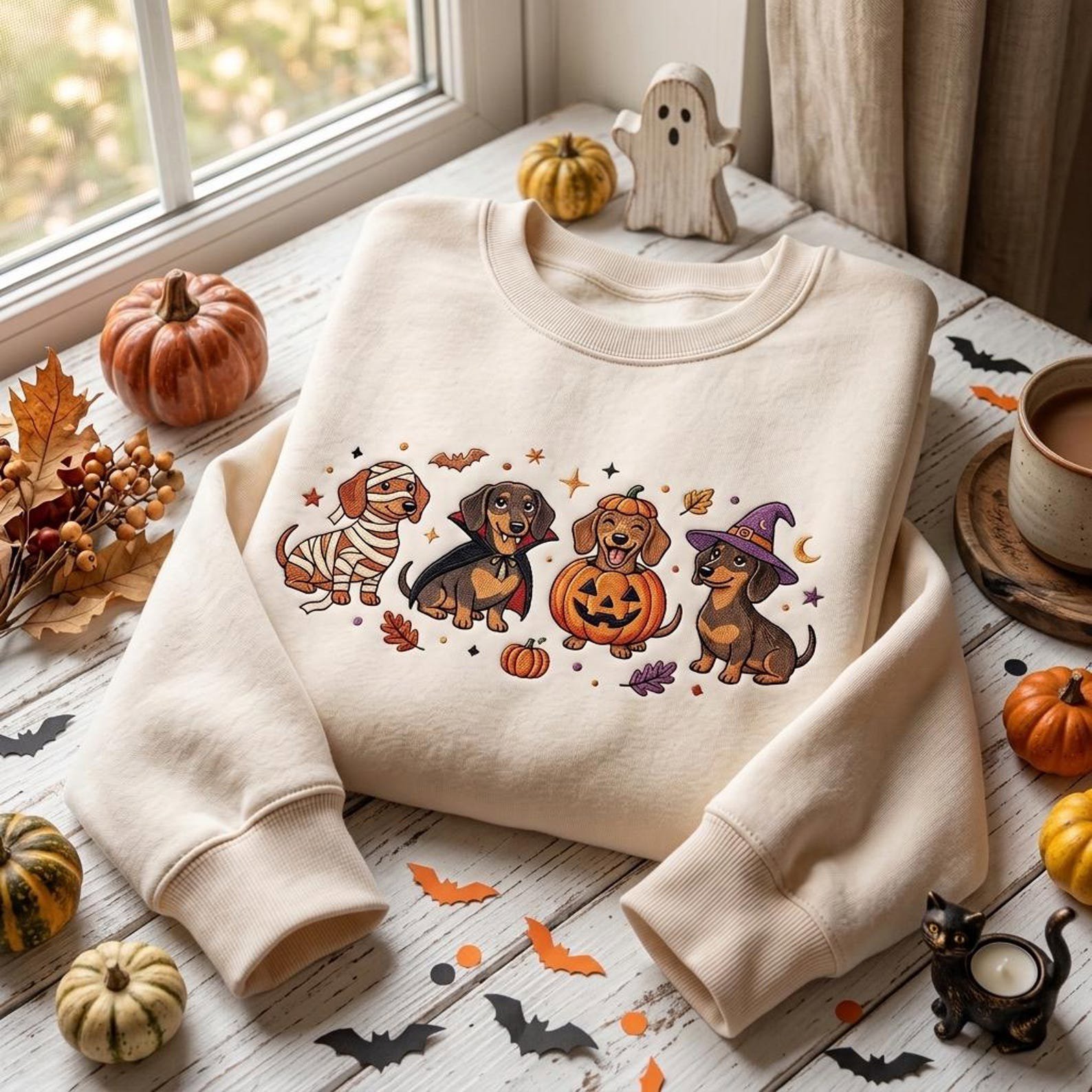 Embroidered Wiener Dog Halloween Sweatshirt, Cute Dachshund Costume Crewneck, Spooky Fall Puppy Pullover, Cozy Gift for Autumn Dog Lovers 1
