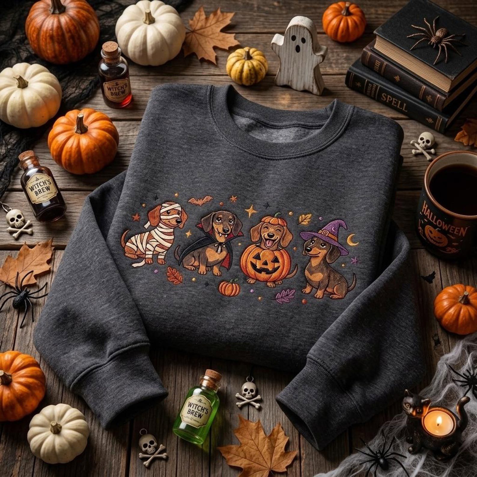 Embroidered Wiener Dog Halloween Sweatshirt, Cute Dachshund Costume Crewneck, Spooky Fall Puppy Pullover, Cozy Gift for Autumn Dog Lovers 2