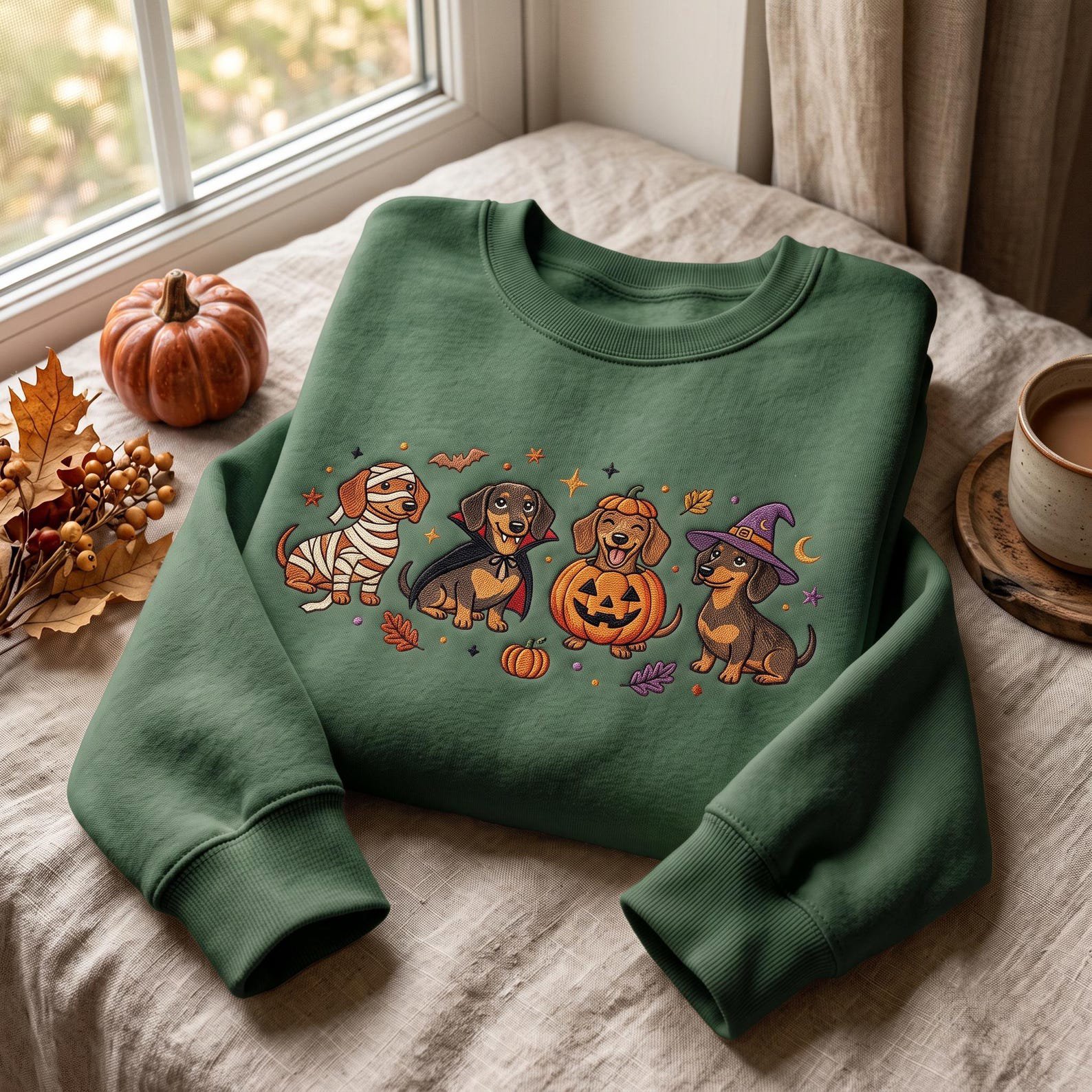 Embroidered Wiener Dog Halloween Sweatshirt, Cute Dachshund Costume Crewneck, Spooky Fall Puppy Pullover, Cozy Gift for Autumn Dog Lovers 3