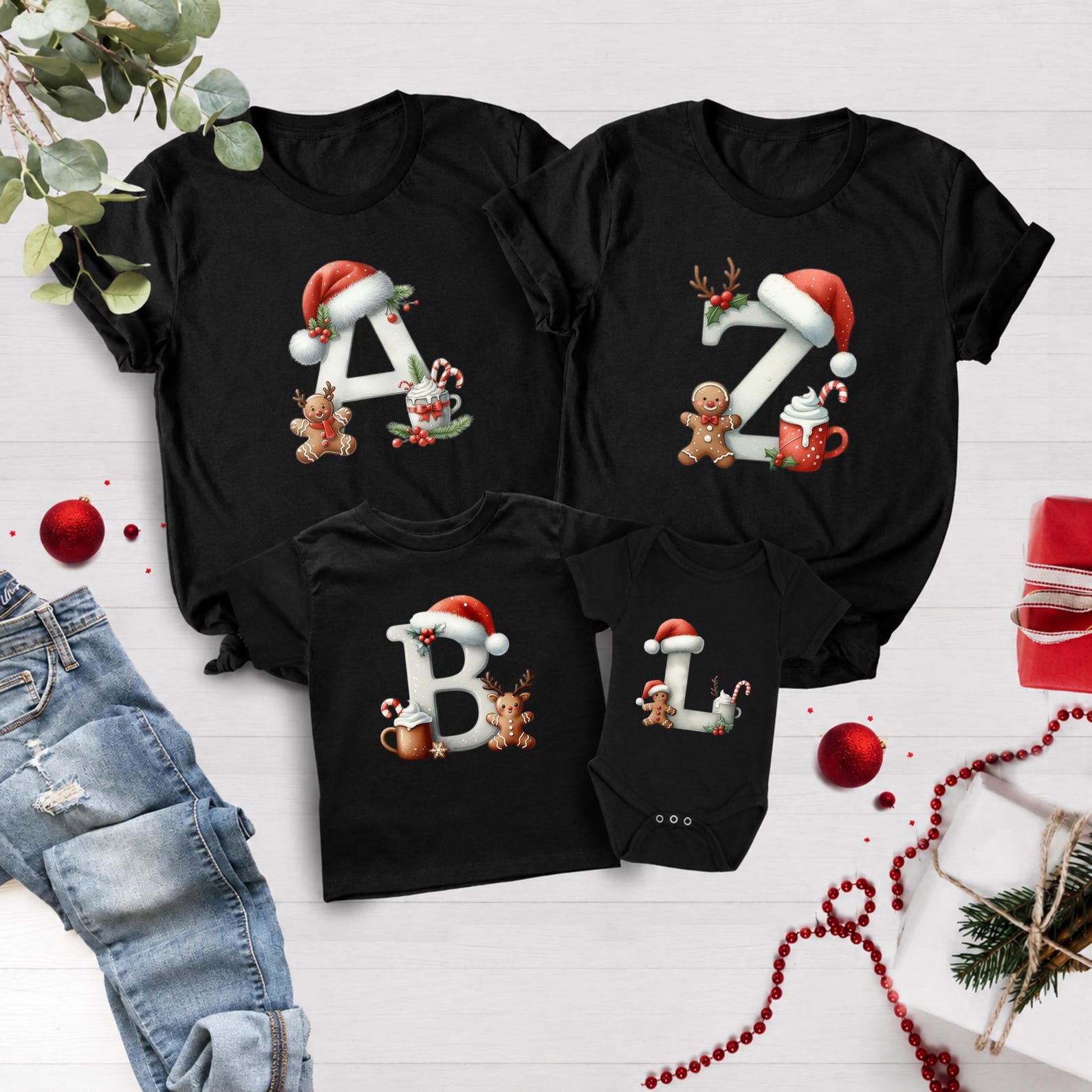 Gingerbread Christmas Monogram Shirt, Hot Cocoa Santa Hat Initial Sweatshirt, Matching Family Xmas Outfit 1