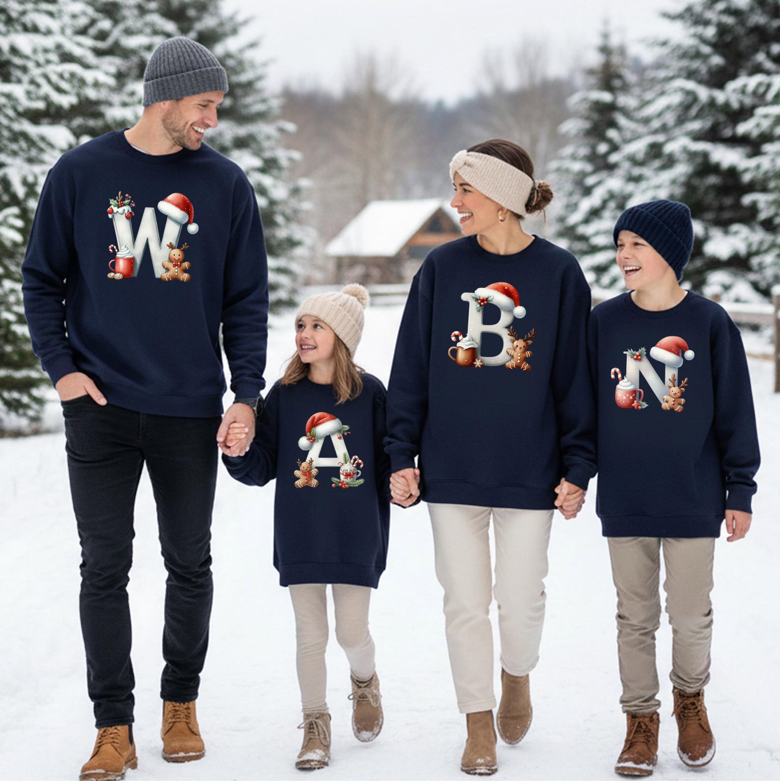 Gingerbread Christmas Monogram Shirt, Hot Cocoa Santa Hat Initial Sweatshirt, Matching Family Xmas Outfit 2