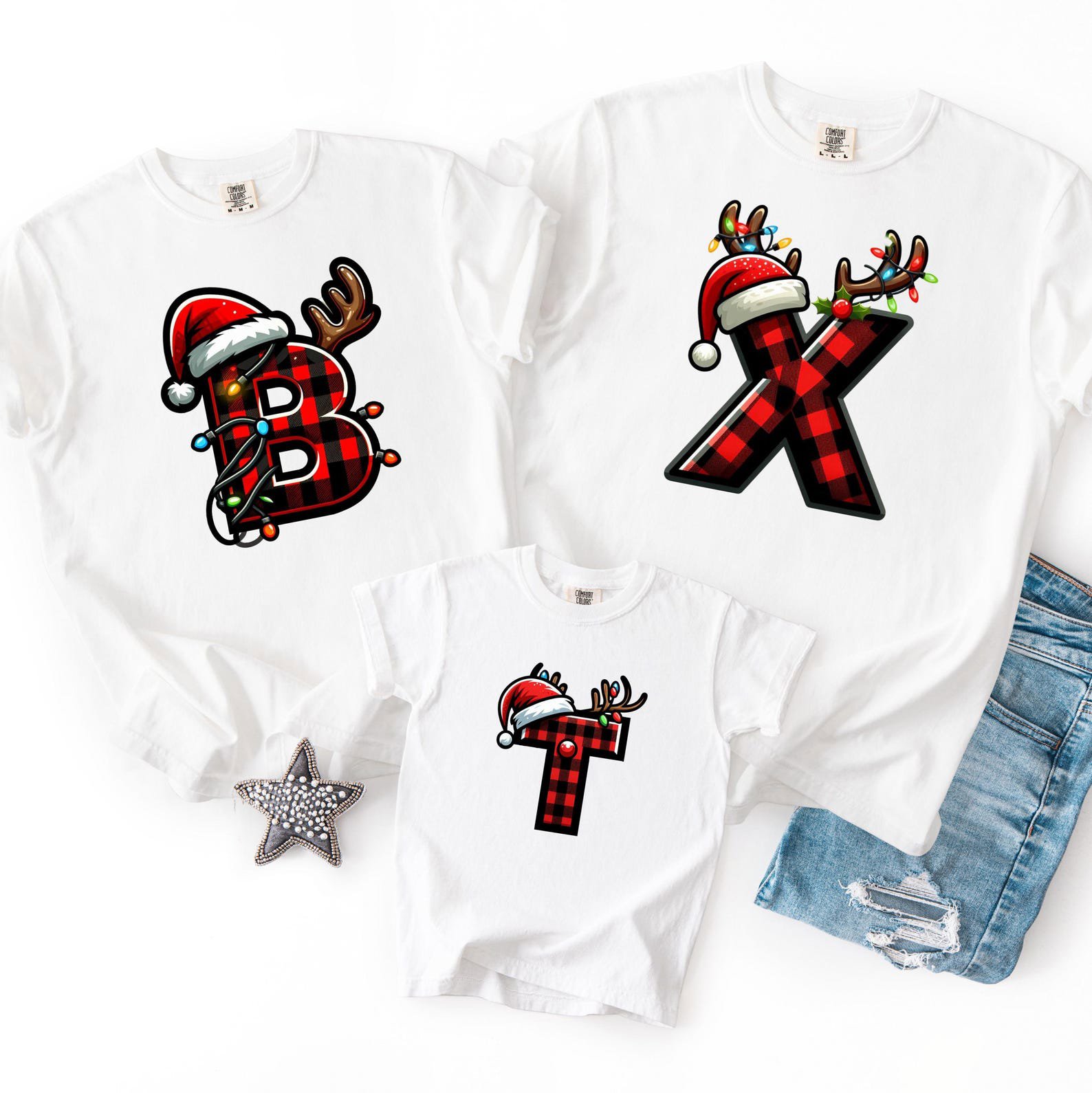Buffalo Plaid Christmas Monogram Shirt, Reindeer Santa Hat Initial Sweatshirt, Matching Family Xmas Outfit 1