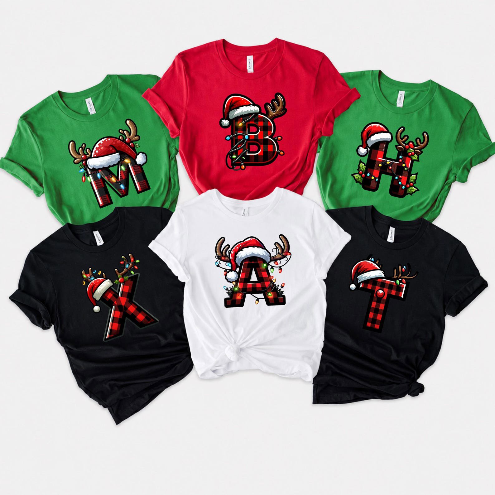 Buffalo Plaid Christmas Monogram Shirt, Reindeer Santa Hat Initial Sweatshirt, Matching Family Xmas Outfit 3