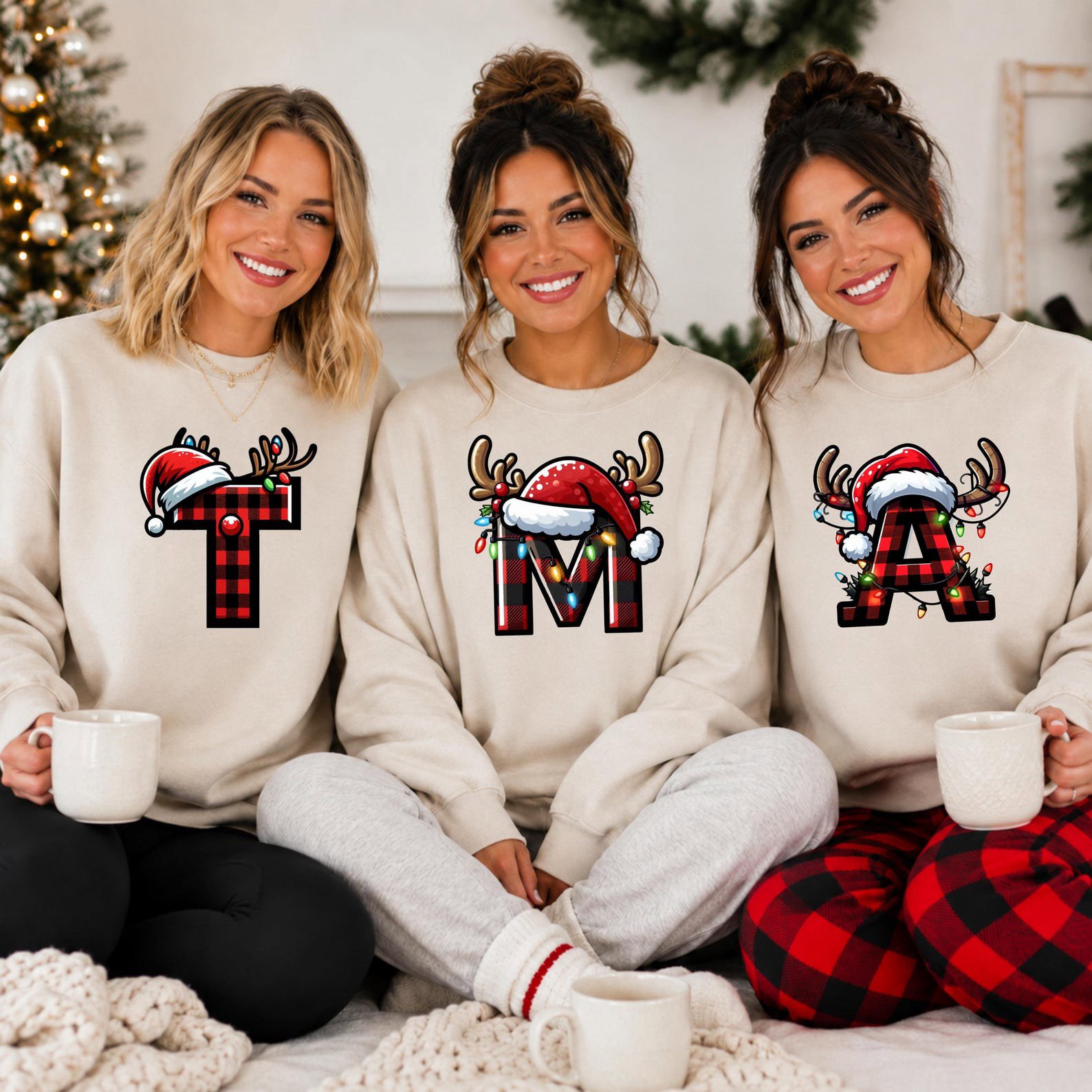 Buffalo Plaid Christmas Monogram Shirt, Reindeer Santa Hat Initial Sweatshirt, Matching Family Xmas Outfit 2
