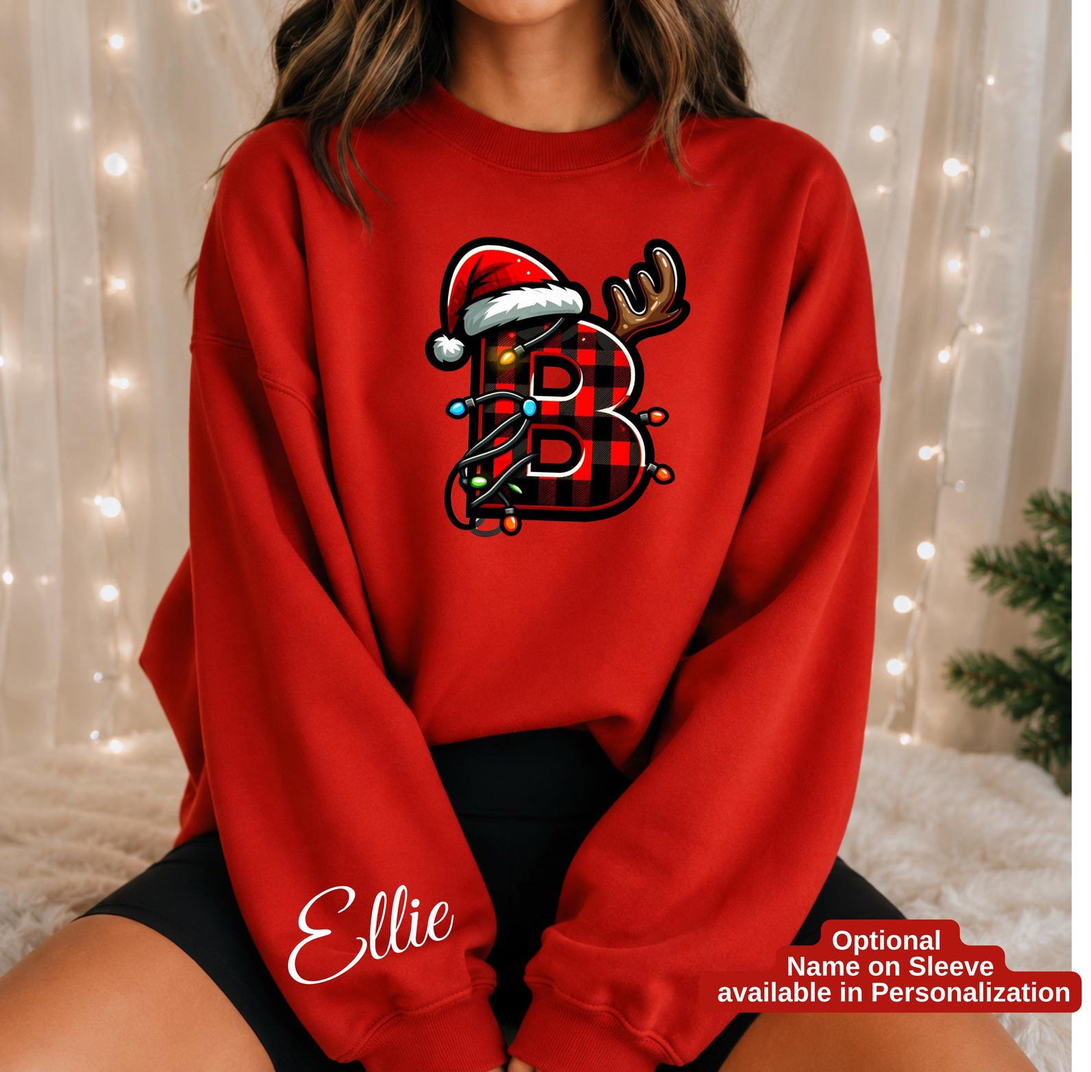 Buffalo Plaid Christmas Monogram Shirt, Reindeer Santa Hat Initial Sweatshirt, Matching Family Xmas Outfit 5