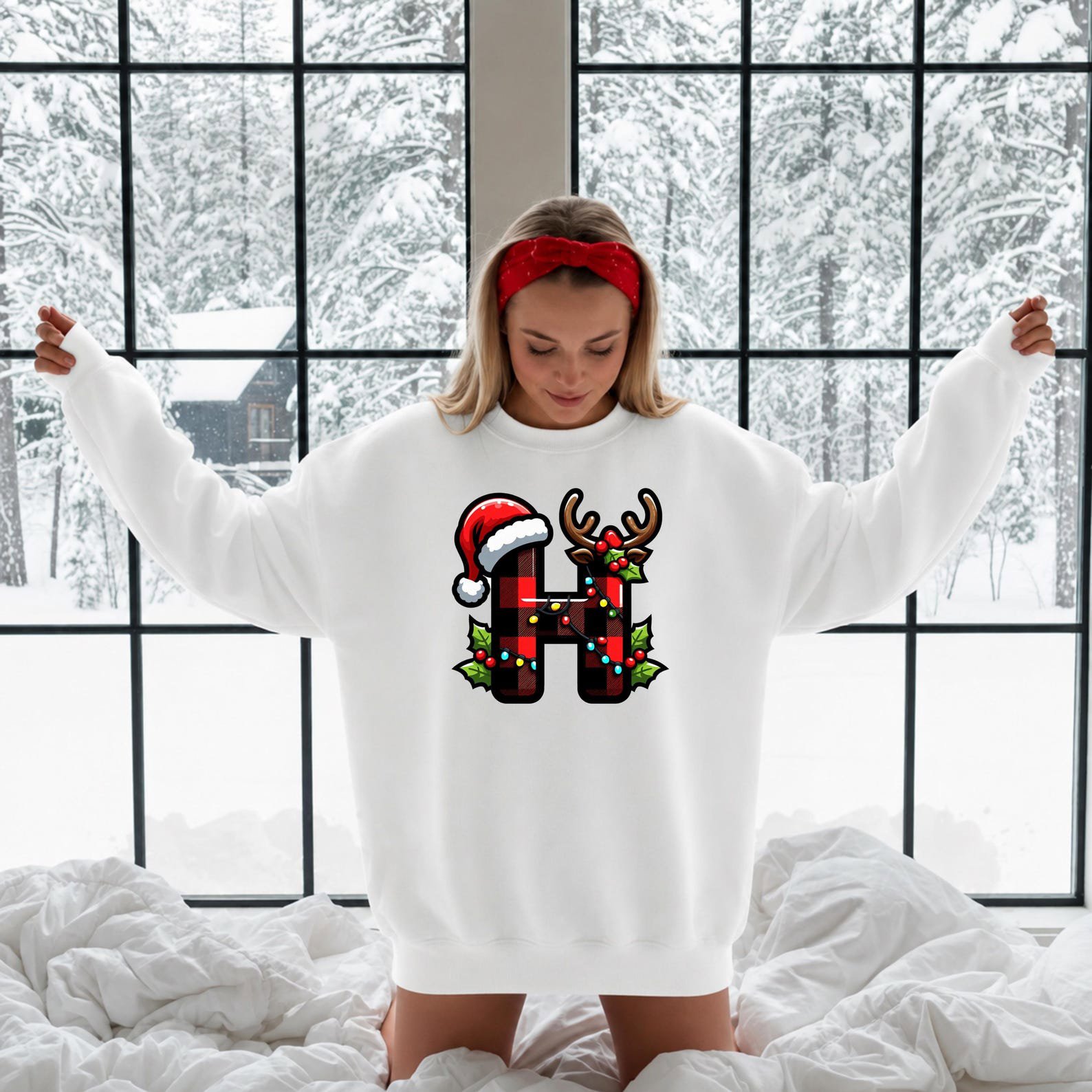 Buffalo Plaid Christmas Monogram Shirt, Reindeer Santa Hat Initial Sweatshirt, Matching Family Xmas Outfit 6