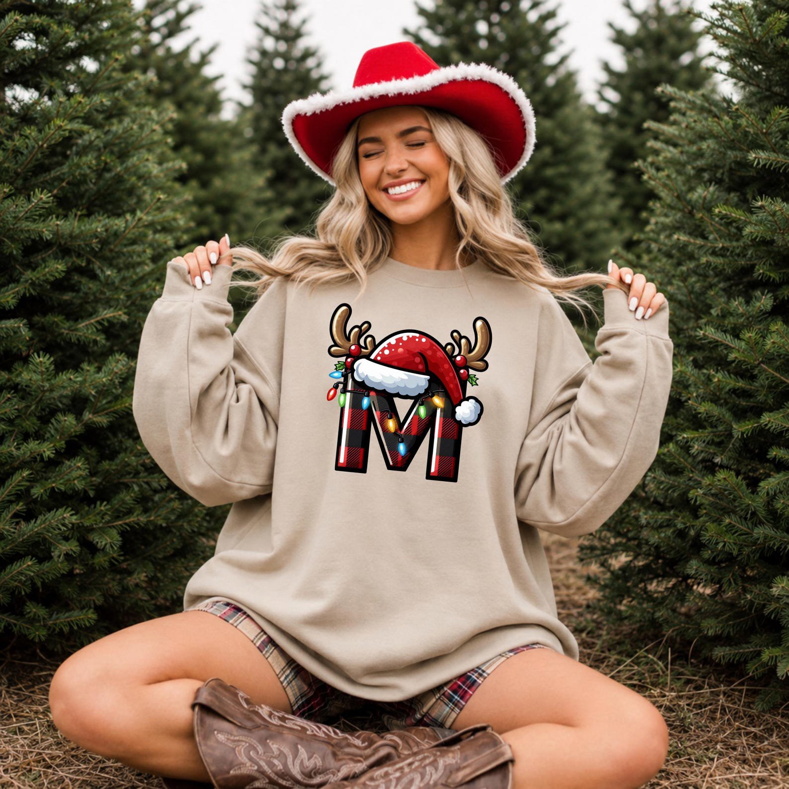 Buffalo Plaid Christmas Monogram Shirt, Reindeer Santa Hat Initial Sweatshirt, Matching Family Xmas Outfit 7