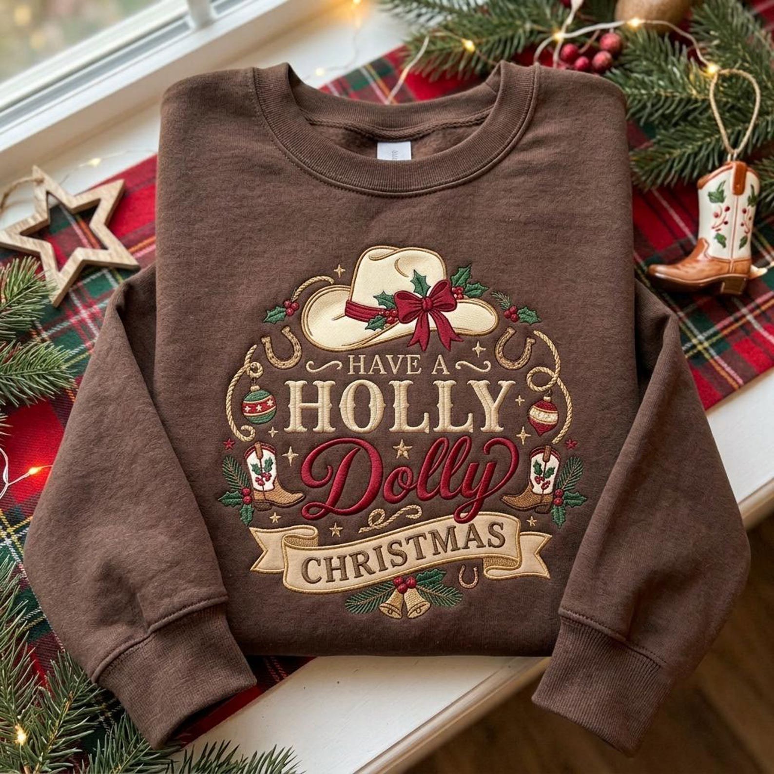 Holly Dolly Christmas Sweatshirt, Embroidered Western Christmas Shirt, Cowboy Hat Holiday Sweater, Country Christmas Gift 3
