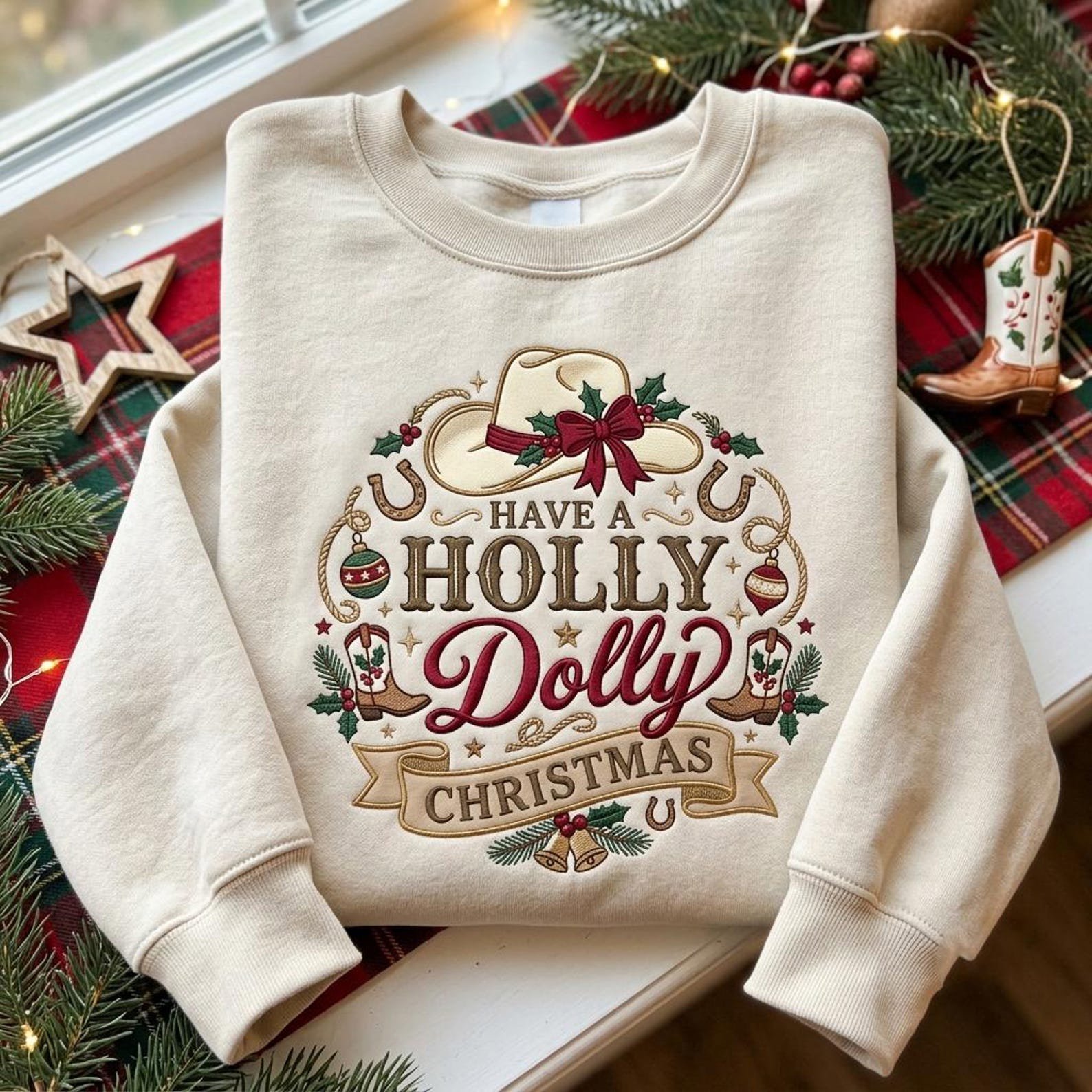 Holly Dolly Christmas Sweatshirt, Embroidered Western Christmas Shirt, Cowboy Hat Holiday Sweater, Country Christmas Gift 4