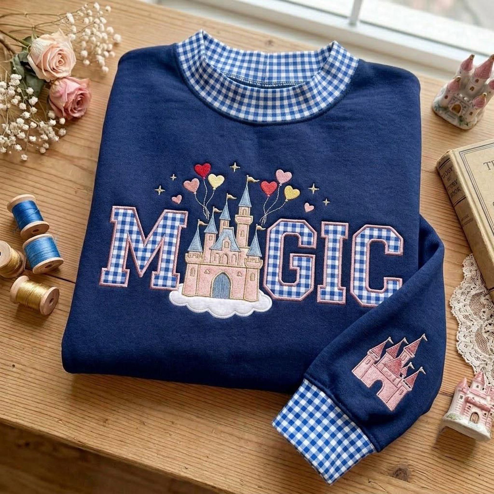 Fairytale Castle Embroidered Gingham Mock Neck Sweatshirt, Magic Applique Crewneck, Theme Park Vacation Shirt, Castle Lover Gift 1