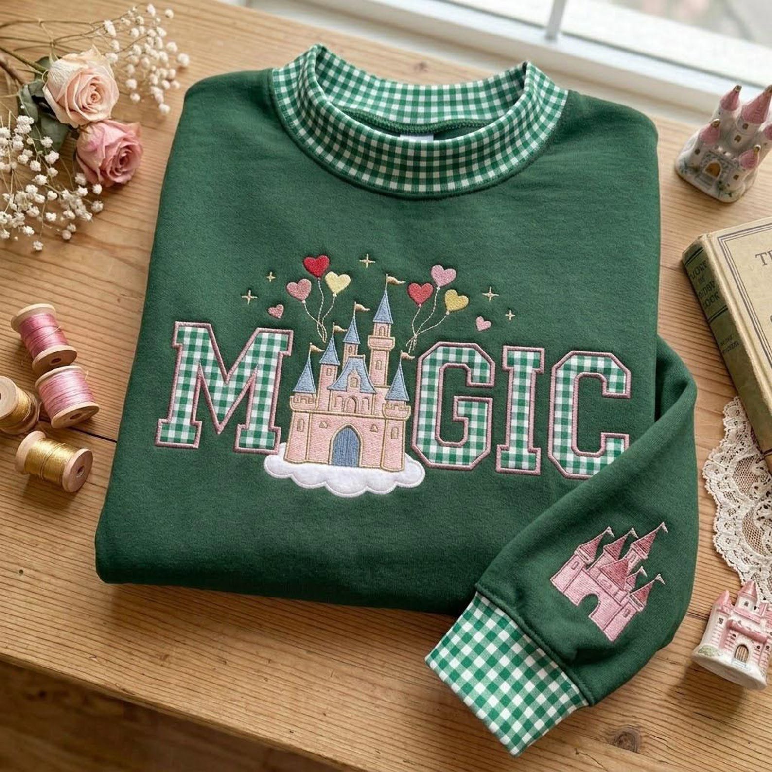 Fairytale Castle Embroidered Gingham Mock Neck Sweatshirt, Magic Applique Crewneck, Theme Park Vacation Shirt, Castle Lover Gift 3