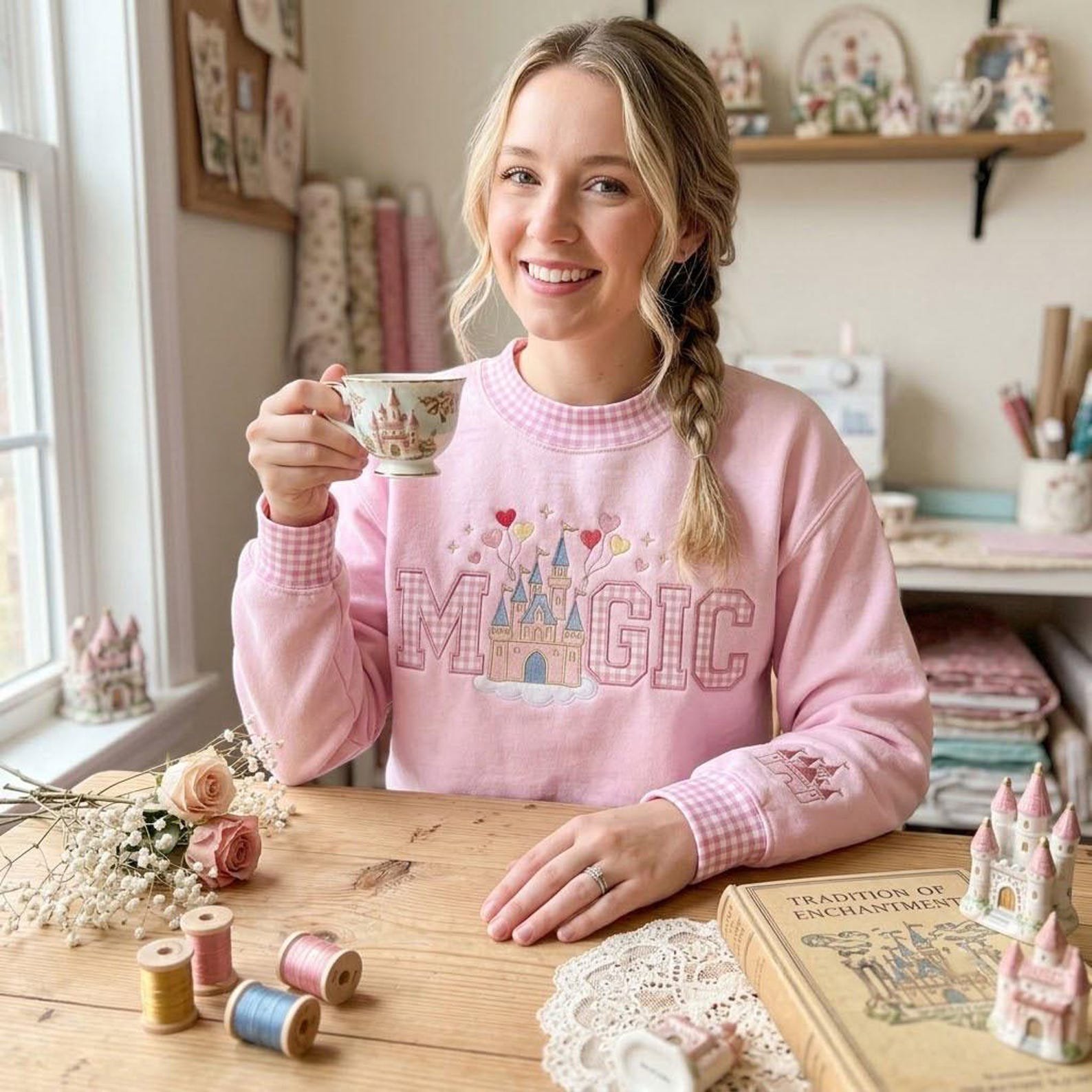 Fairytale Castle Embroidered Gingham Mock Neck Sweatshirt, Magic Applique Crewneck, Theme Park Vacation Shirt, Castle Lover Gift 4