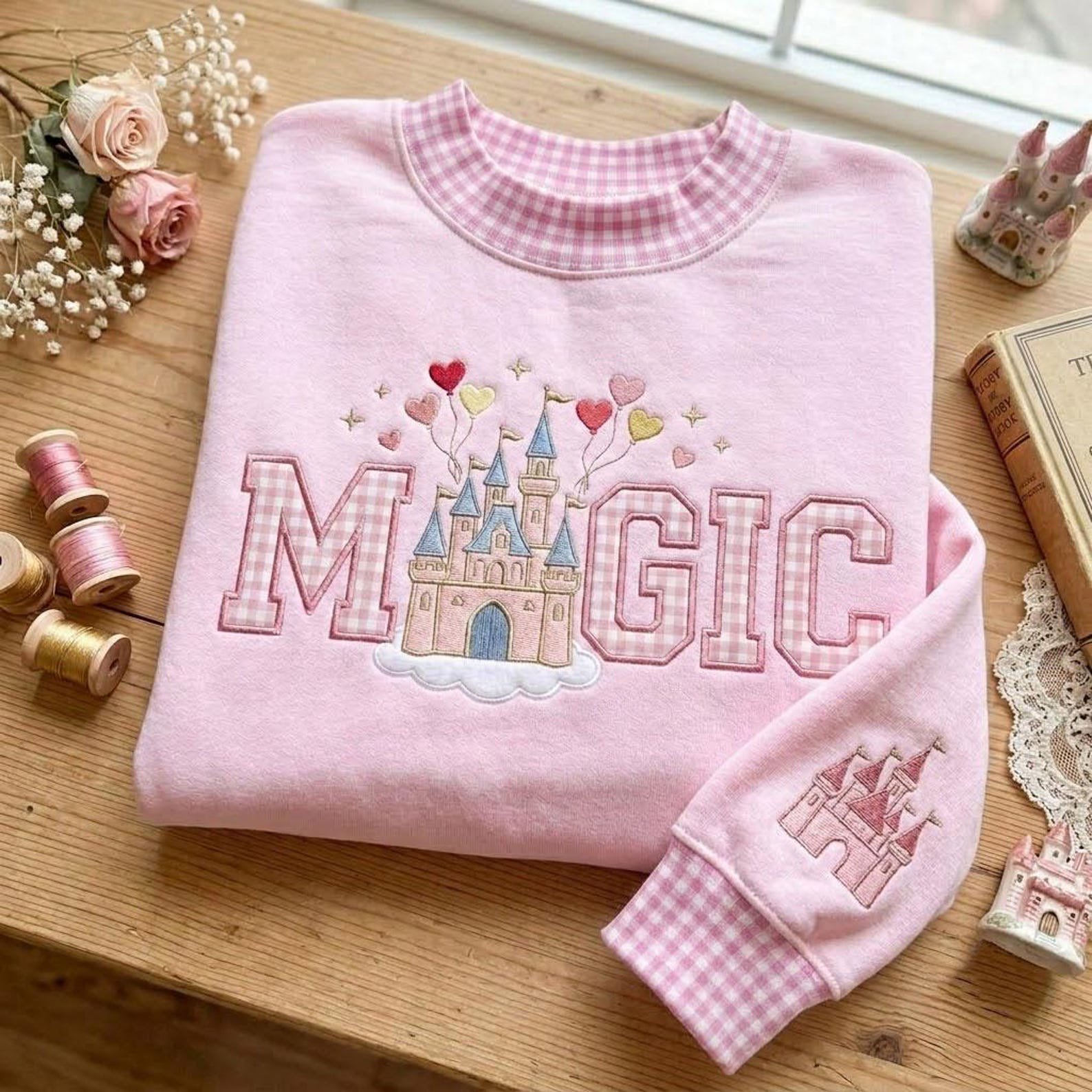 Fairytale Castle Embroidered Gingham Mock Neck Sweatshirt, Magic Applique Crewneck, Theme Park Vacation Shirt, Castle Lover Gift 5