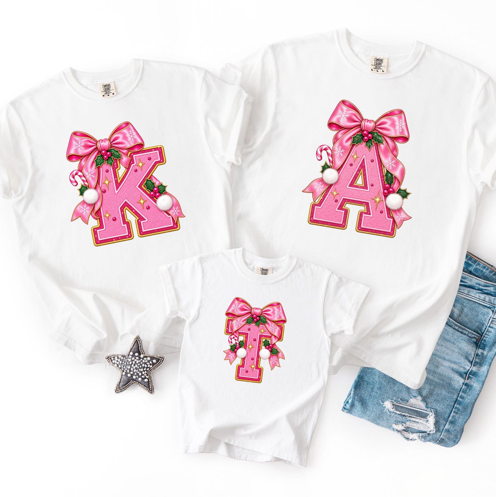 Pink Christmas Monogram Shirt, Coquette Bow Varsity Initial Sweatshirt, Matching Holiday Letter Outfit 1