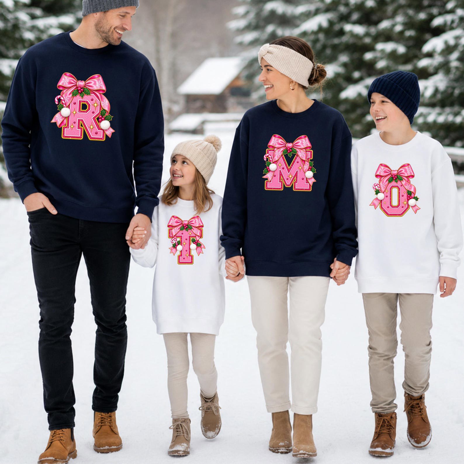 Pink Christmas Monogram Shirt, Coquette Bow Varsity Initial Sweatshirt, Matching Holiday Letter Outfit 3