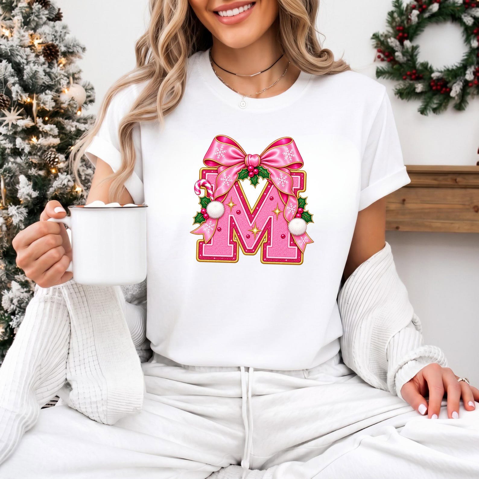Pink Christmas Monogram Shirt, Coquette Bow Varsity Initial Sweatshirt, Matching Holiday Letter Outfit 2