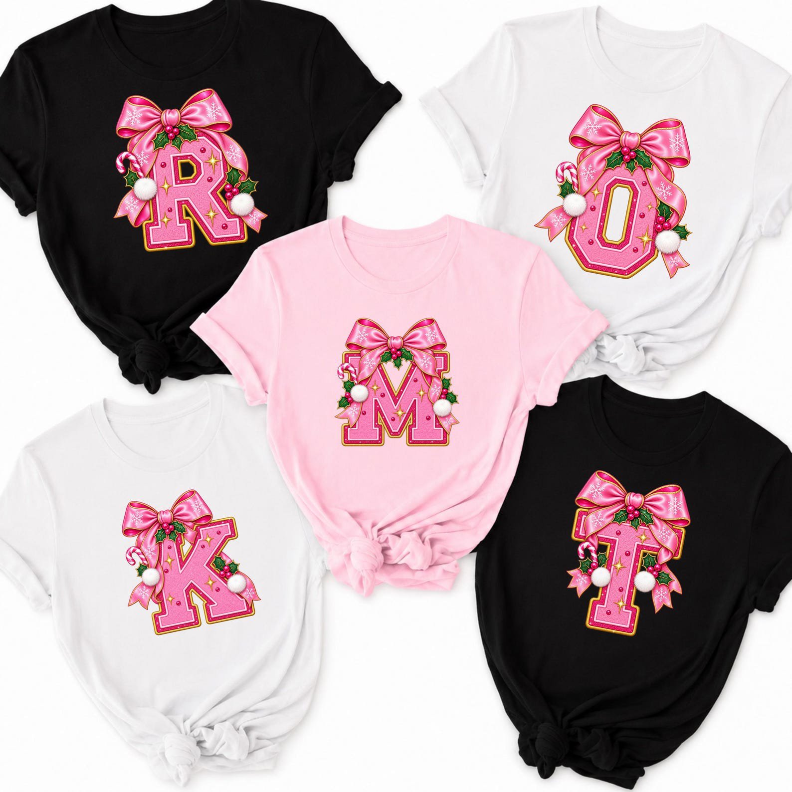 Pink Christmas Monogram Shirt, Coquette Bow Varsity Initial Sweatshirt, Matching Holiday Letter Outfit 5