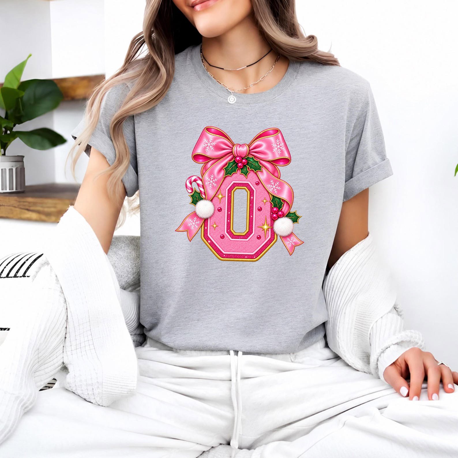 Pink Christmas Monogram Shirt, Coquette Bow Varsity Initial Sweatshirt, Matching Holiday Letter Outfit 6