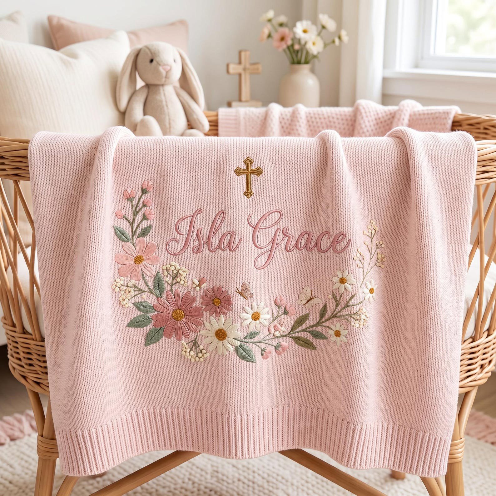 Personalized Baby Blanket, Embroidered Floral Name Knit Blanket, Christian Cross Baby Girl Keepsake, Baptism Christening Gift 2