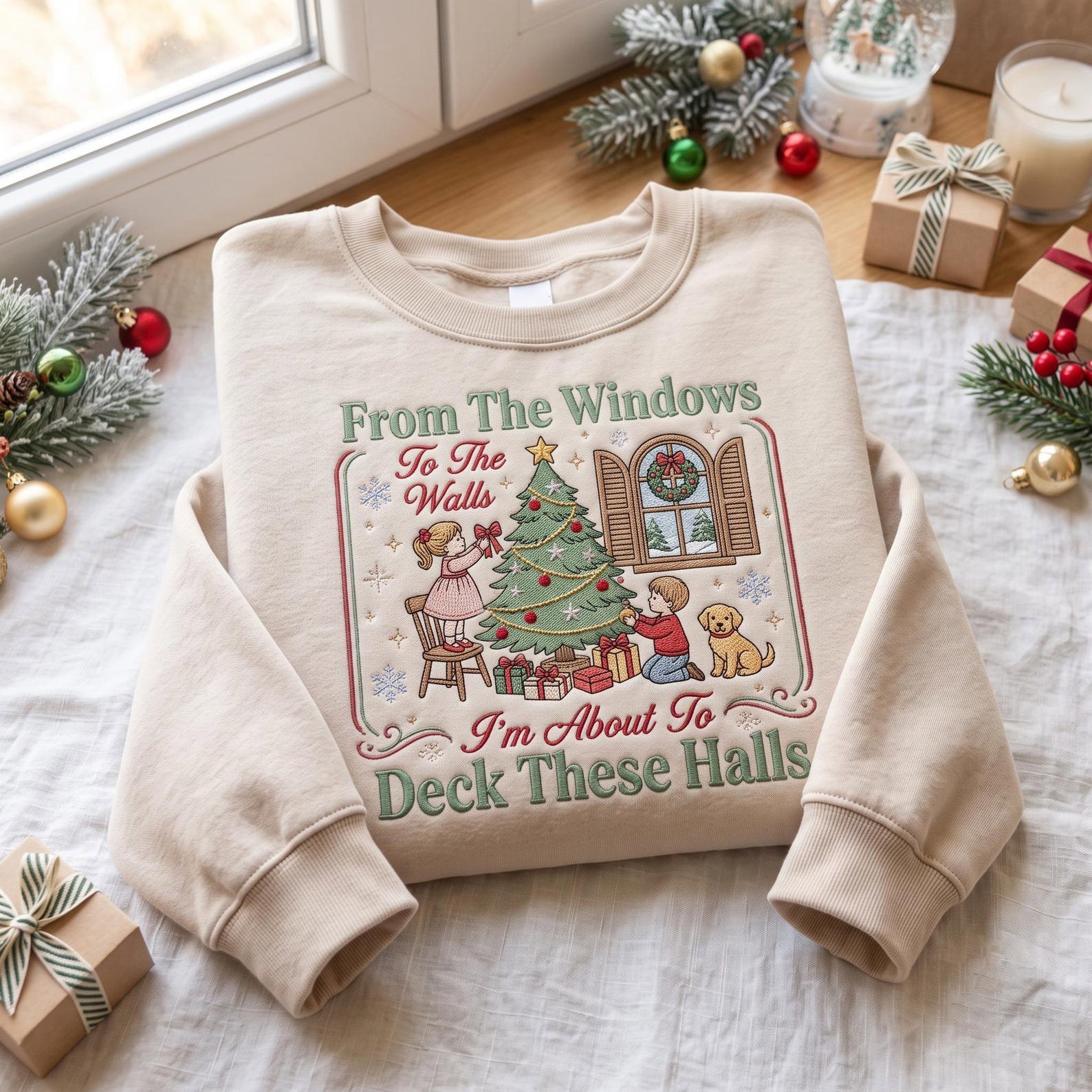 Deck These Halls Christmas Sweatshirt, Embroidered Family Decorating Tree Shirt, Cozy Holiday Tradition Sweater, Christmas Gift 2